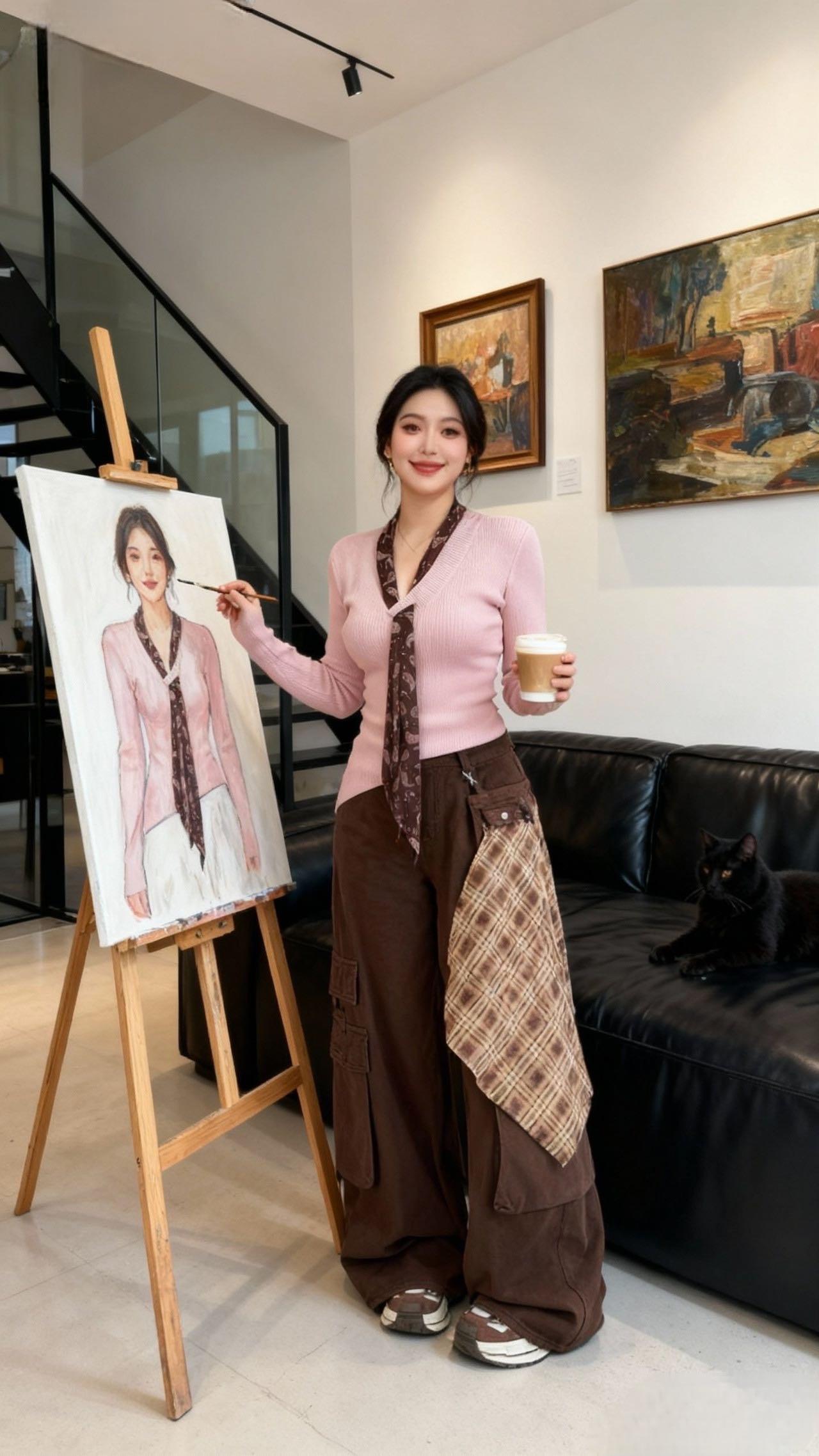 💖今日的艺术感穿搭太戳我啦！粉棕配色温柔又有质感～

这件粉色V领针织衫贴身又