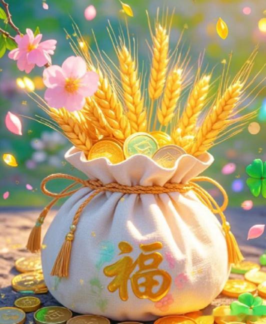 玄学感应✨福袋盛满沉甸甸的金黄麦穗，藏着顺遂兴旺的吉兆，预示往后诸事上扬，日子节
