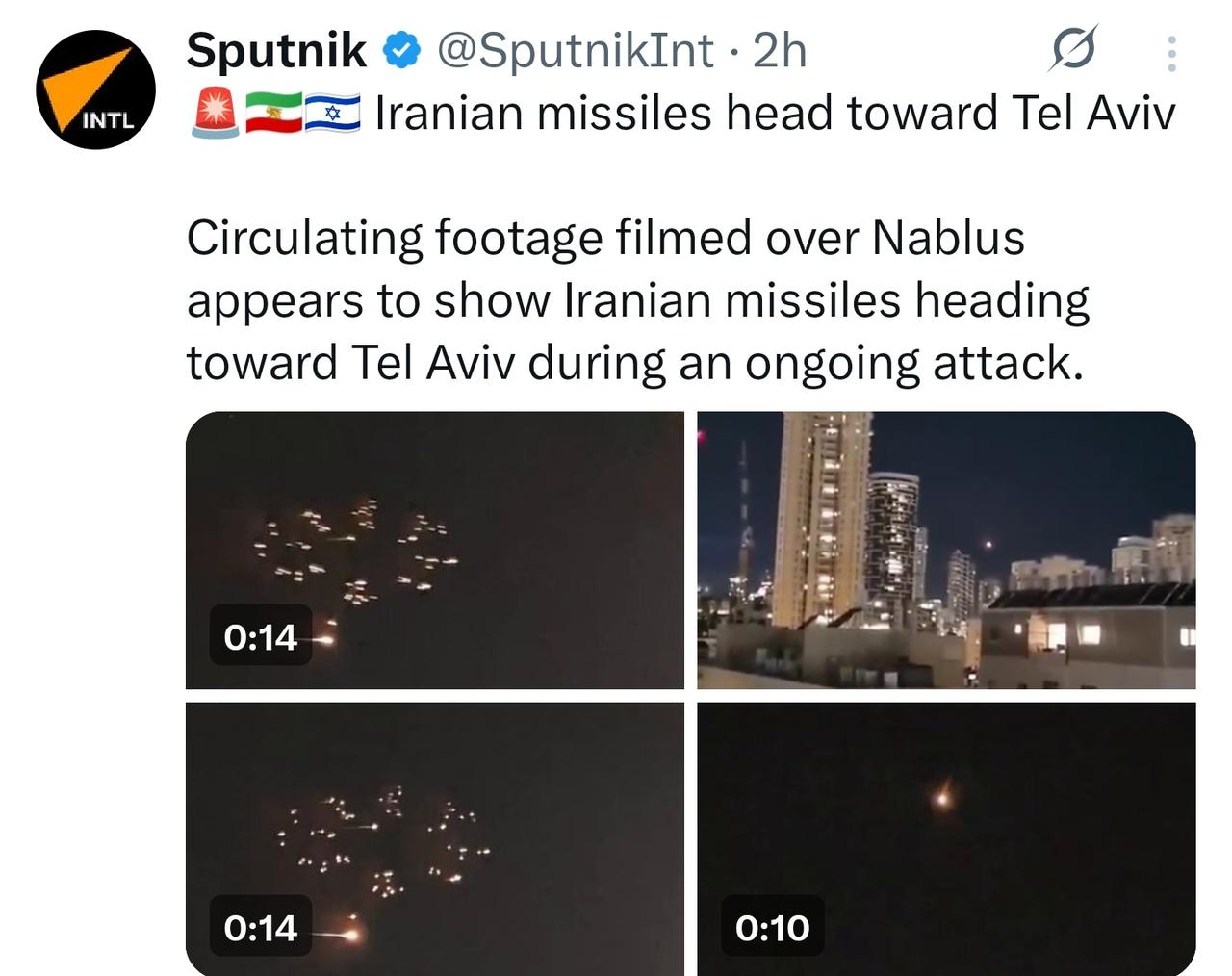 俄罗斯卫星通讯社称，伊朗向特拉维夫发射导弹。
有社交媒体账号称，这是携带集束炸弹