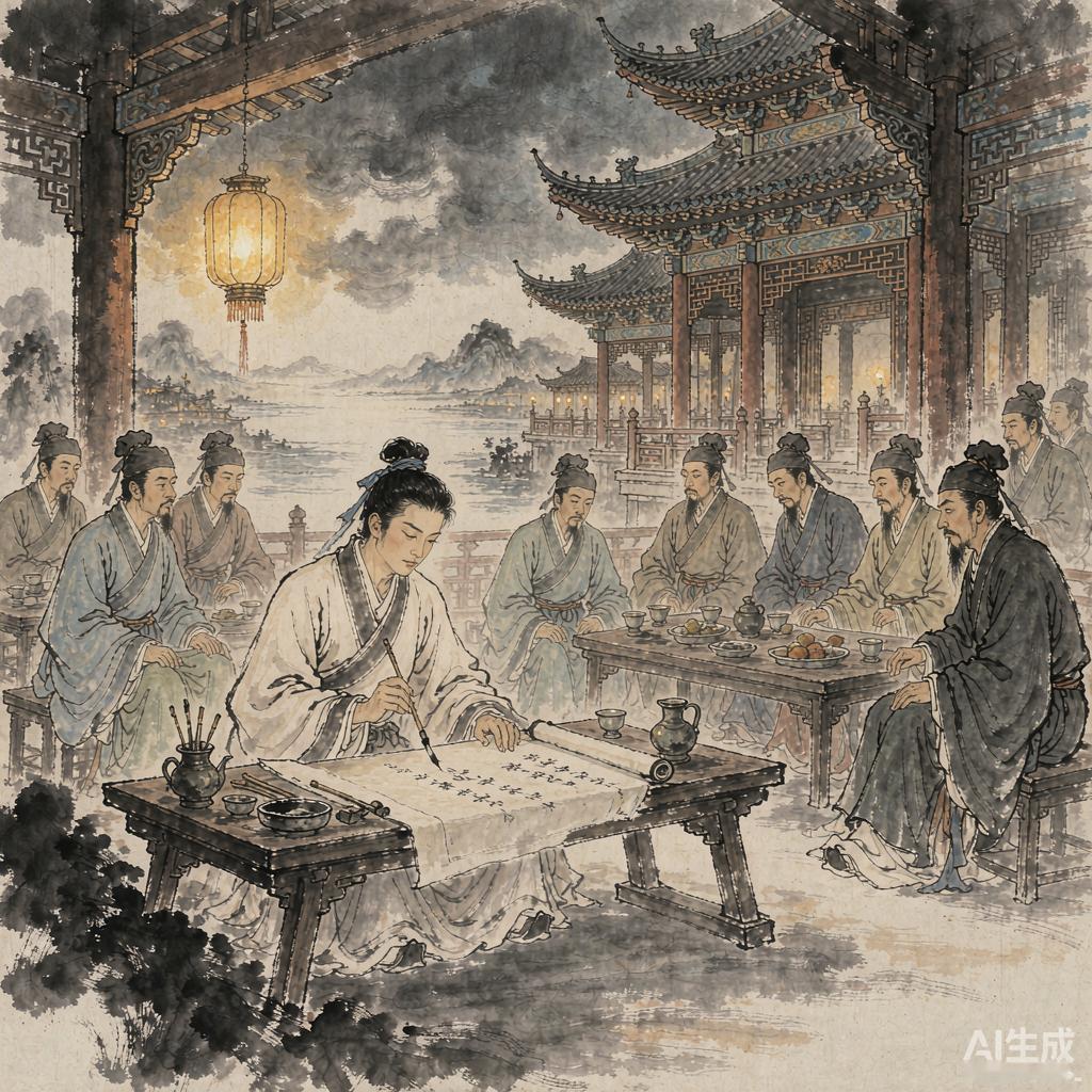 675年秋天，洪州都督在滕王阁大宴宾客。
他想让女婿出风头，提前备好序文。酒过三