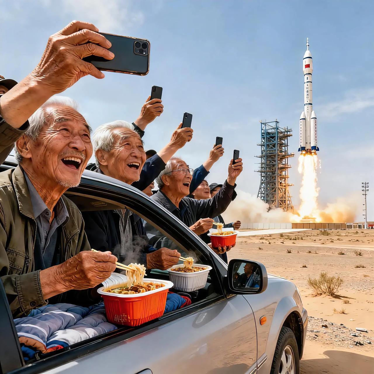 戈壁上的“70岁追星团”：这波追火箭太动人！
 
“一个民族有一些关注天空的人，