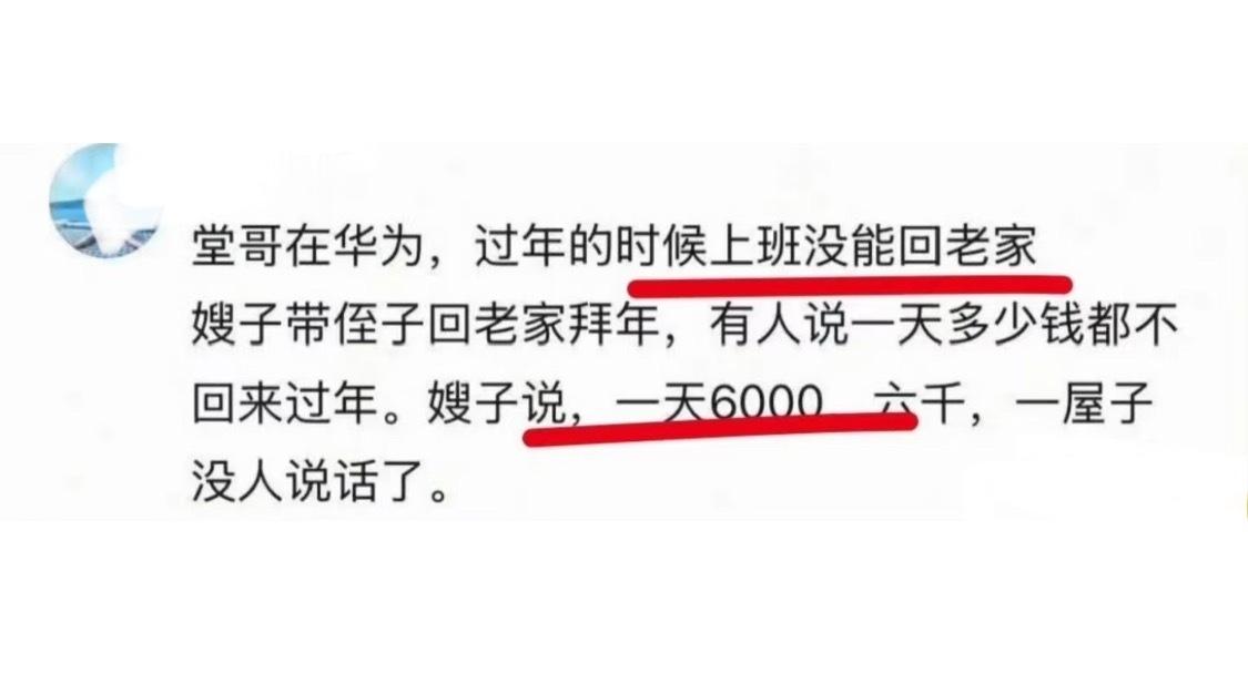 华为还是给太多了，老家亲戚听说能日入6000，全都沉默了。一位网友表示，自己堂哥