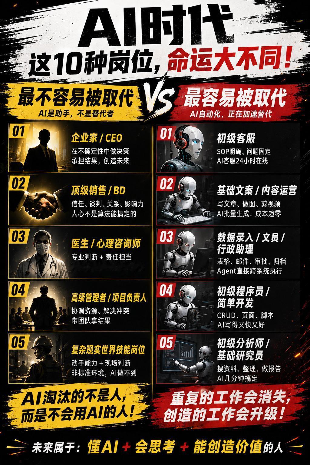 你觉得哪些岗位最容易被 AI 取代？哪些岗位不容易被 AI 取代？