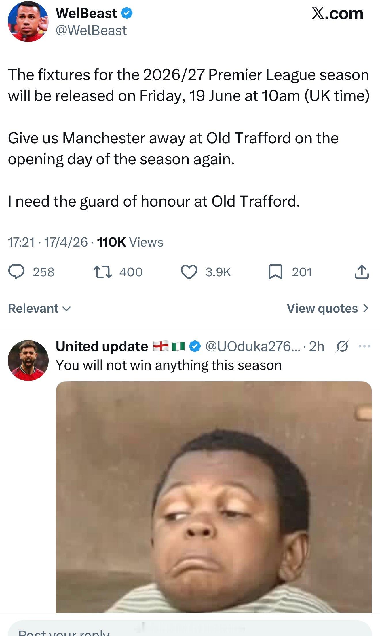 互联网不是许愿池阿森纳球迷推：英超26/27赛季赛程将在6月19🌞发布，请首轮