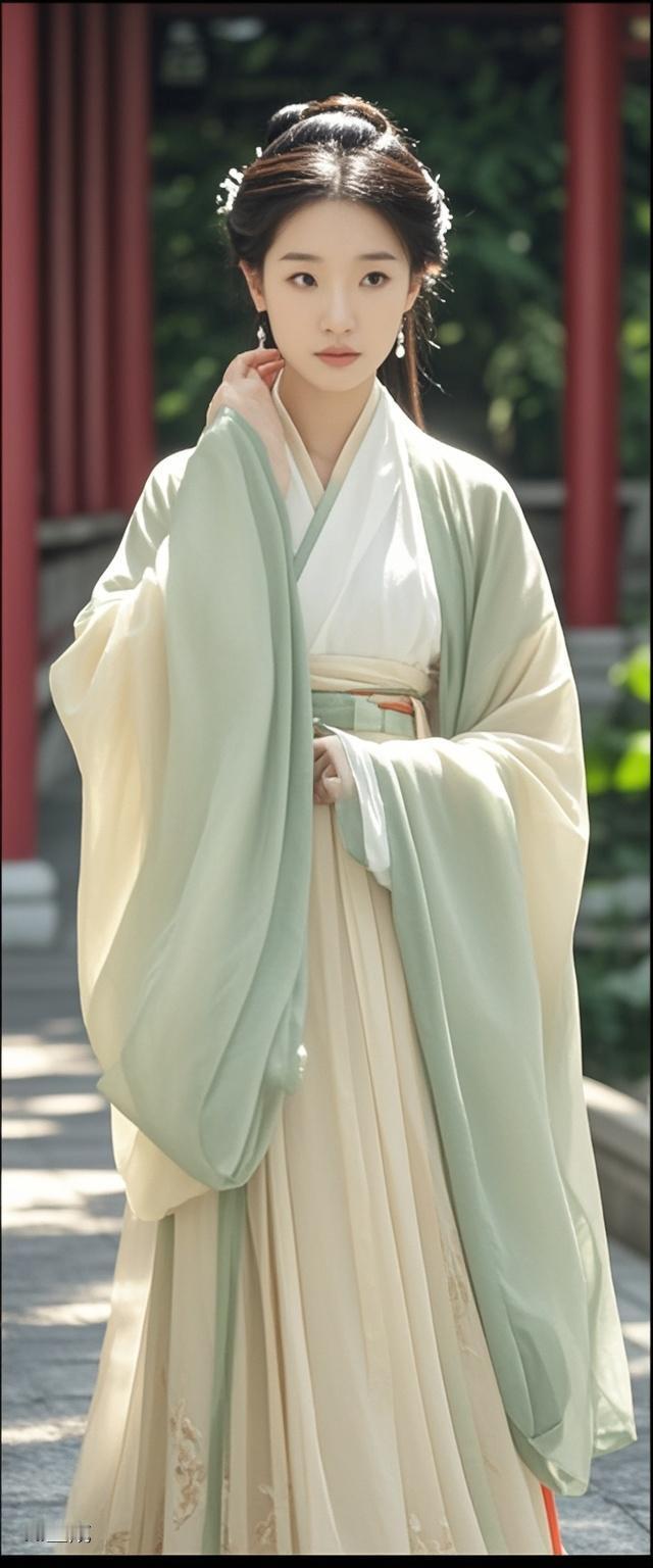 AI写真辑廊下的美人靠还留着余温，汉服的下摆扫过冰凉的石面…阳光斜照进来，在地上