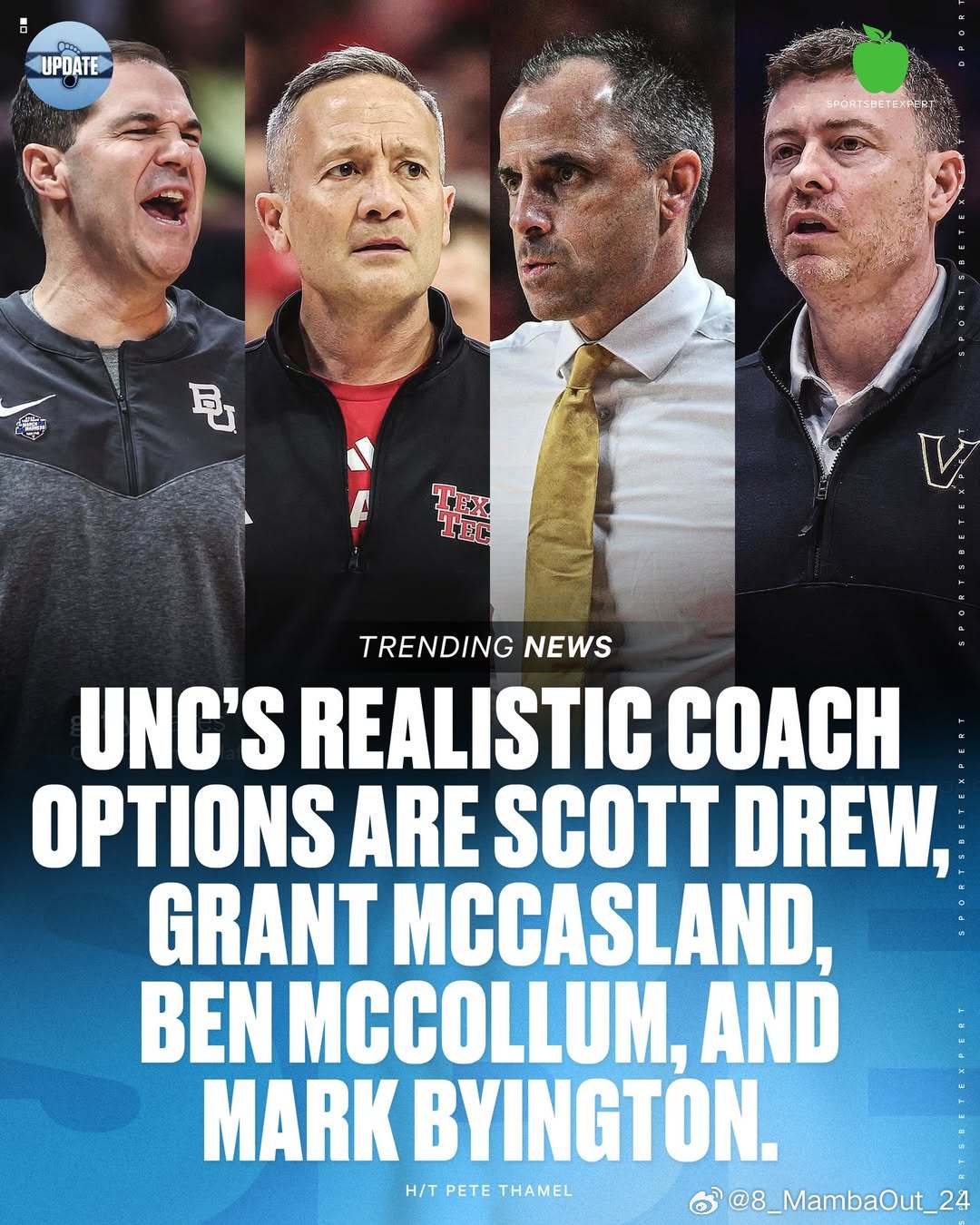 据Pete Thamel分析，北卡罗来纳大学现实的教练人选包括斯科特·德鲁(Sc