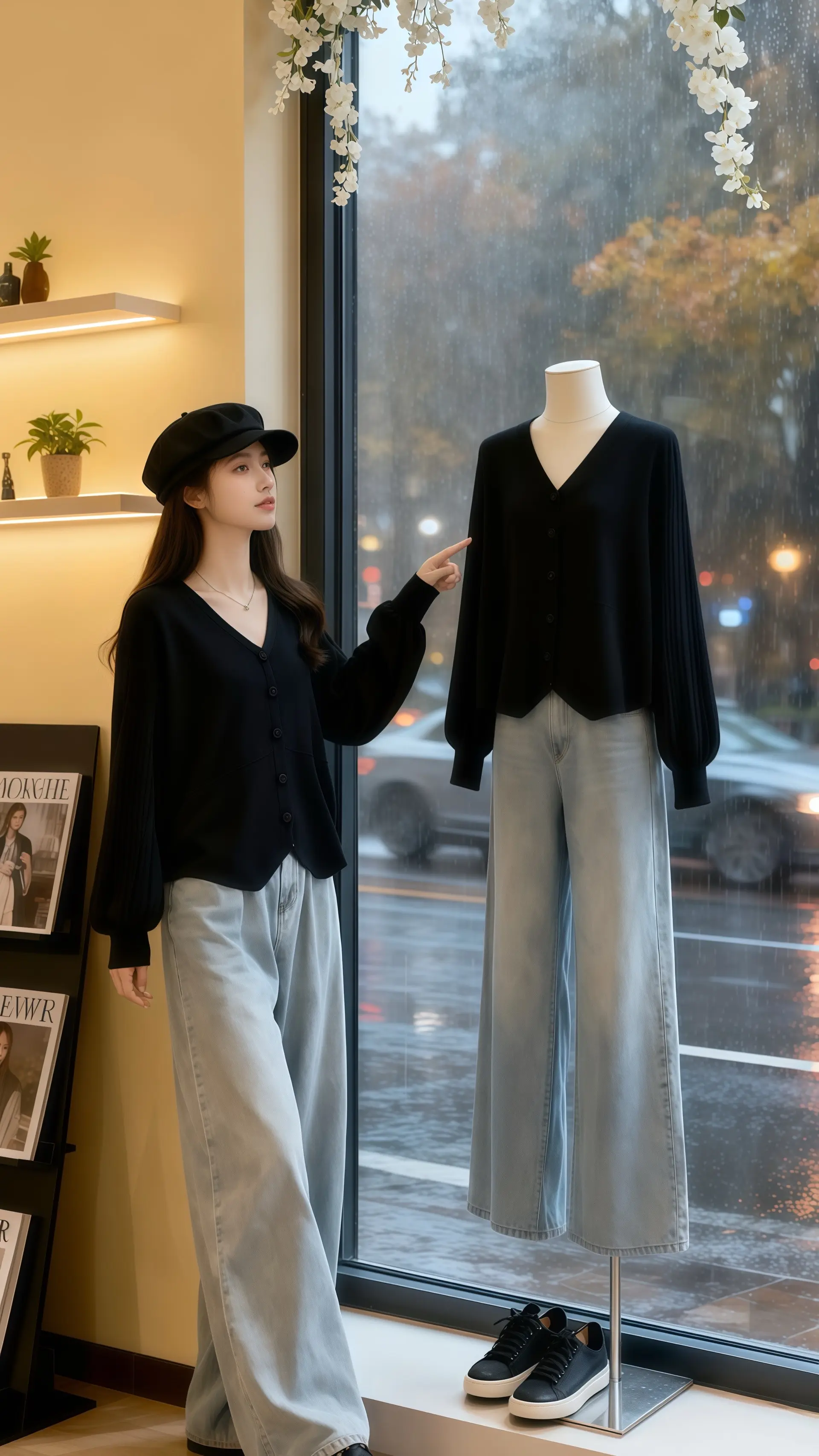 她穿着V领设计感针织开衫，柔软的毛线勾勒出优雅的脖颈线条，独特的剪裁带...