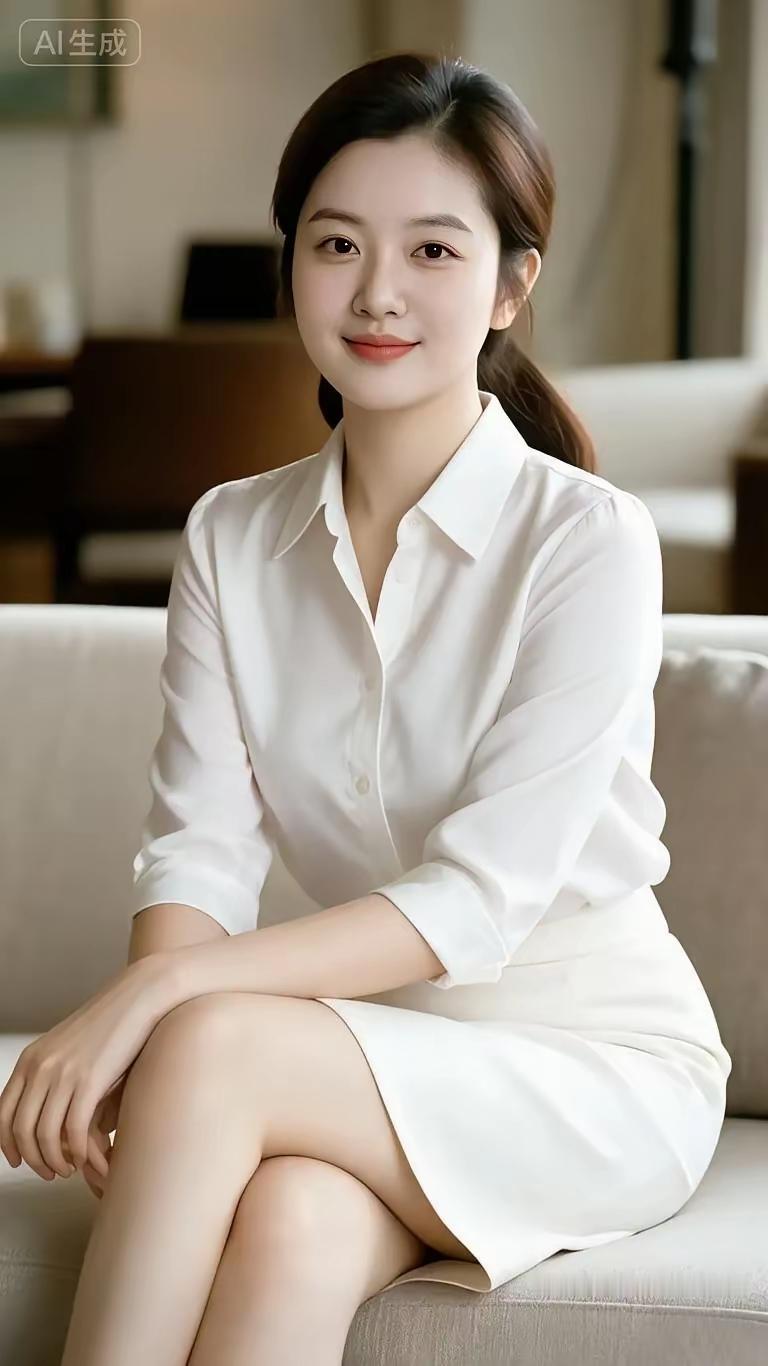 这姑娘穿着白衬衫坐在沙发上。