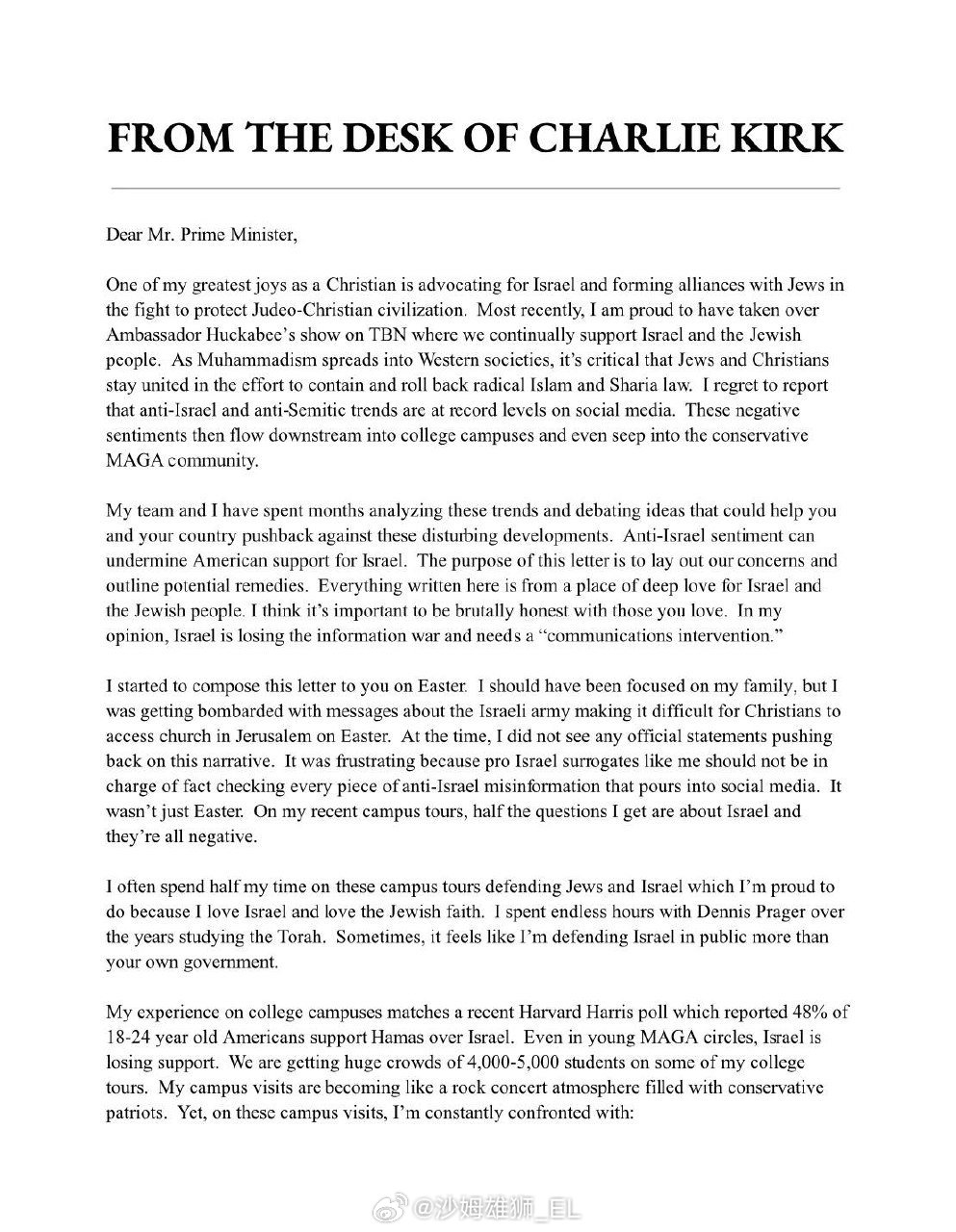 查理·柯克寄给内塔尼亚胡的最后一封信件已被公布，内容表明他在死前依然是以色列的忠