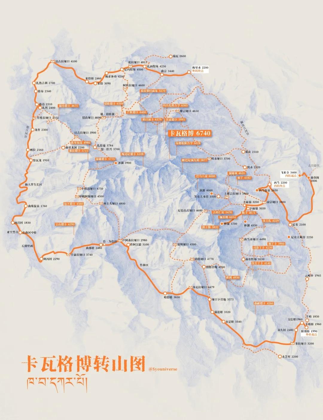 梅里雪山|卡瓦格博转山图
📍内转路线
飞来寺(3400)→曲登阁(2006)→