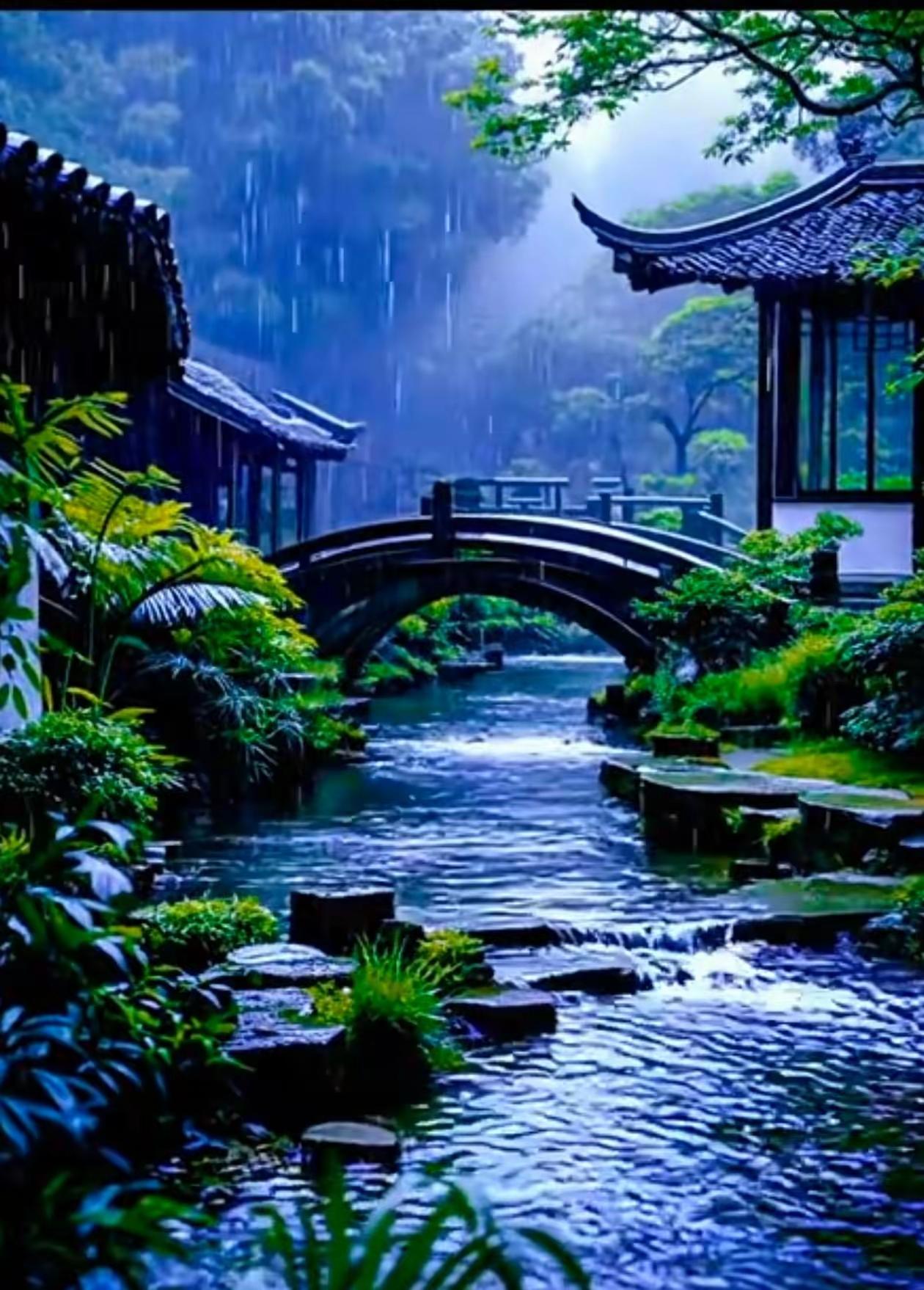 塞鸿秋·雨巷幽园
烟笼古巷幽园静，
飞檐垂雨珠成阵。
石桥涵影波心映，
石涧泉鸣