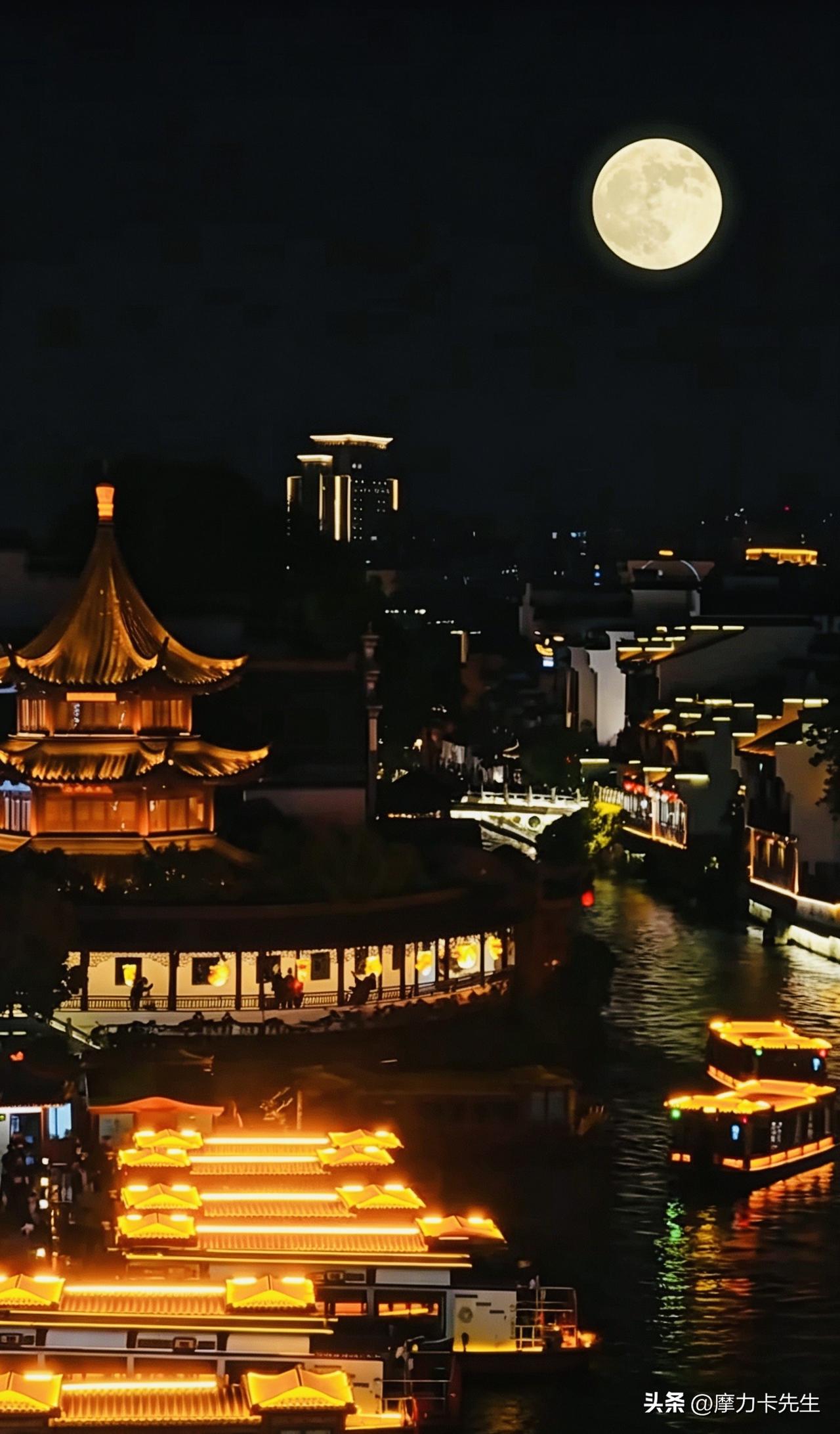 月色漫过江南秦准古河，画船载着灯火缓缓行，亭台映着波光，一汪流水盛满了夜里所有的
