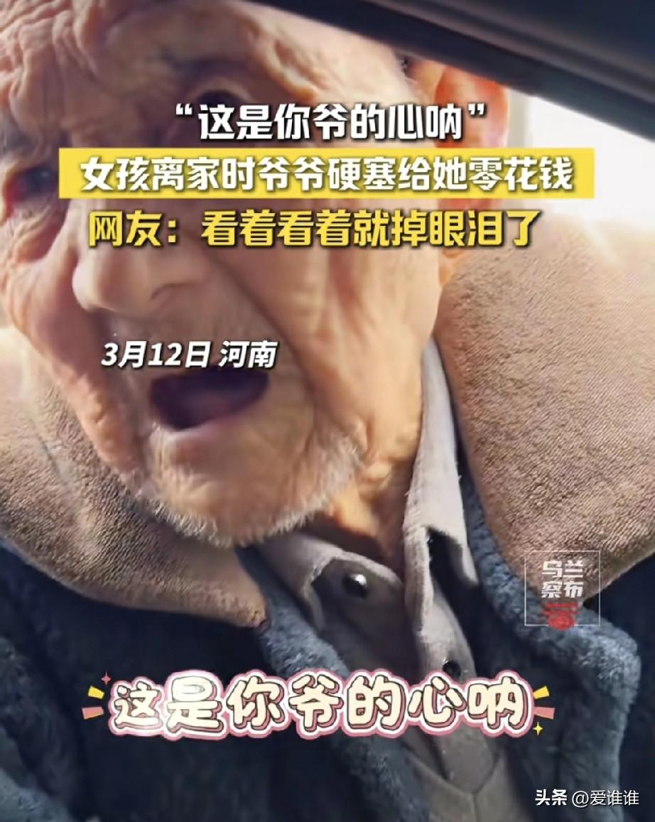 孙女离家返程，爷爷隔着车窗把自己攒下的钱塞给孙女，爷爷说：“拿着，这是你爷爷的心
