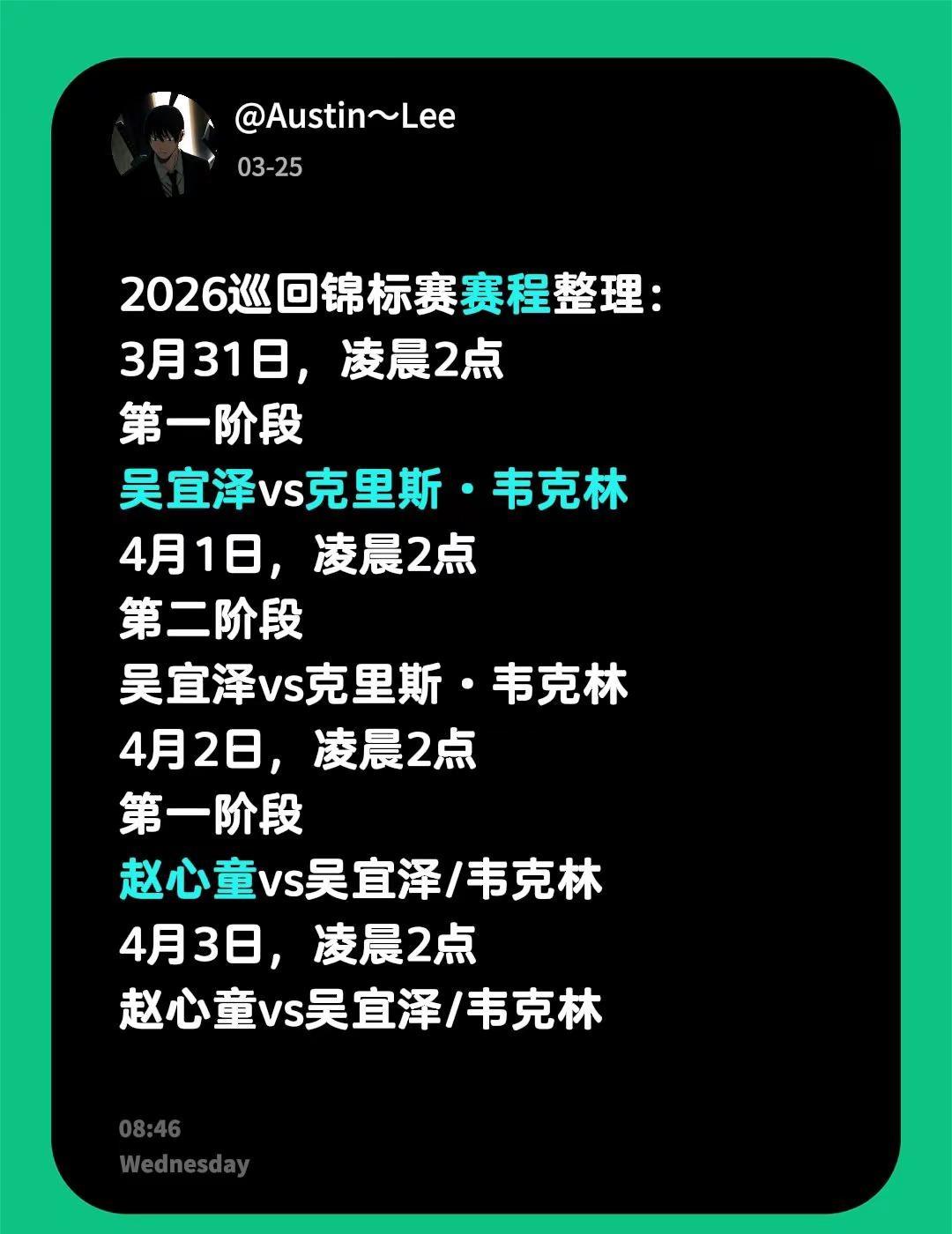 2026巡回锦标赛赛程整理：3月31日，凌晨2点第一阶段吴宜泽vs克里斯·韦克林