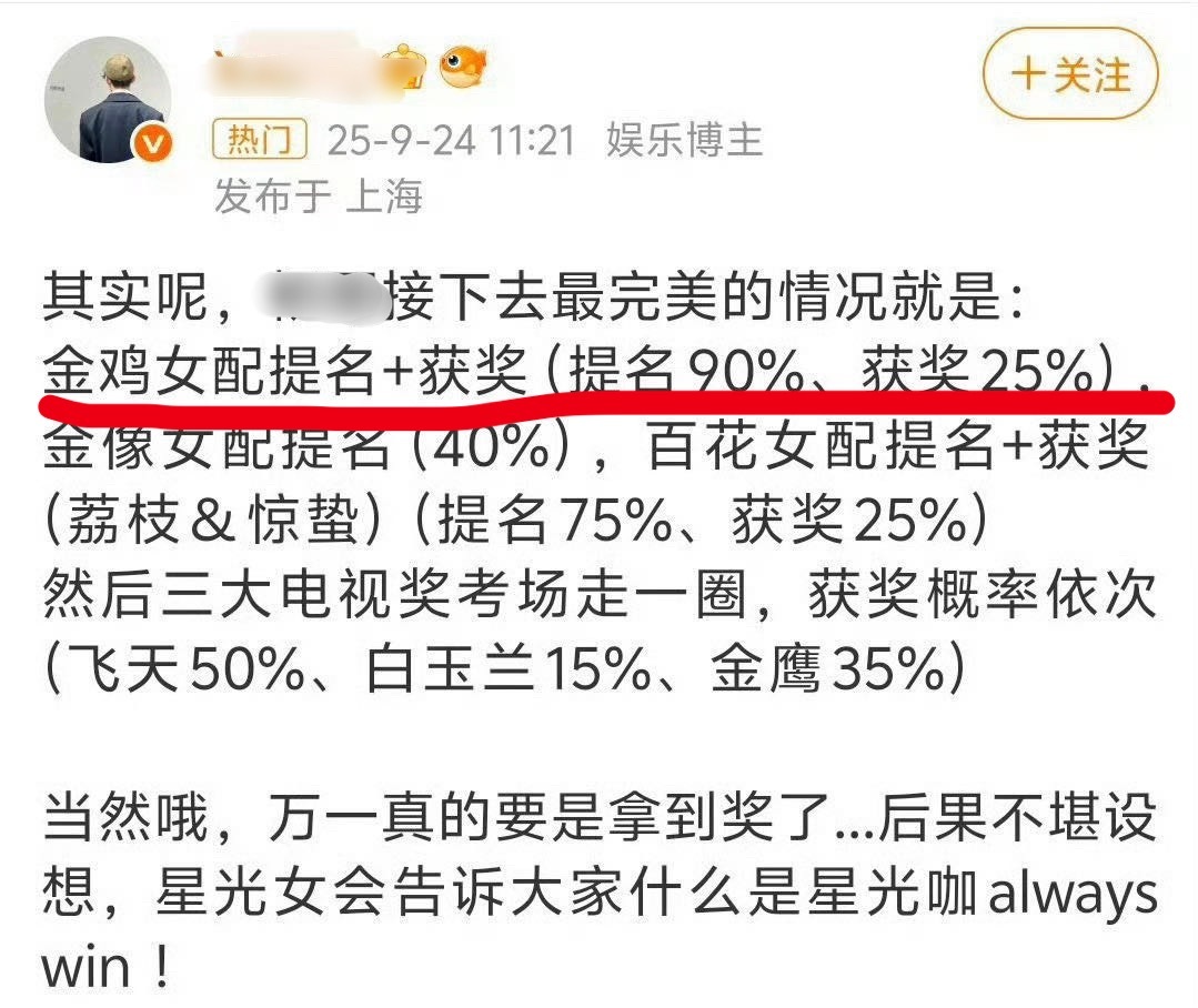 现在不是提名90%，获奖25%了现在提名获奖都为0⃣️了[泪奔] ​​​