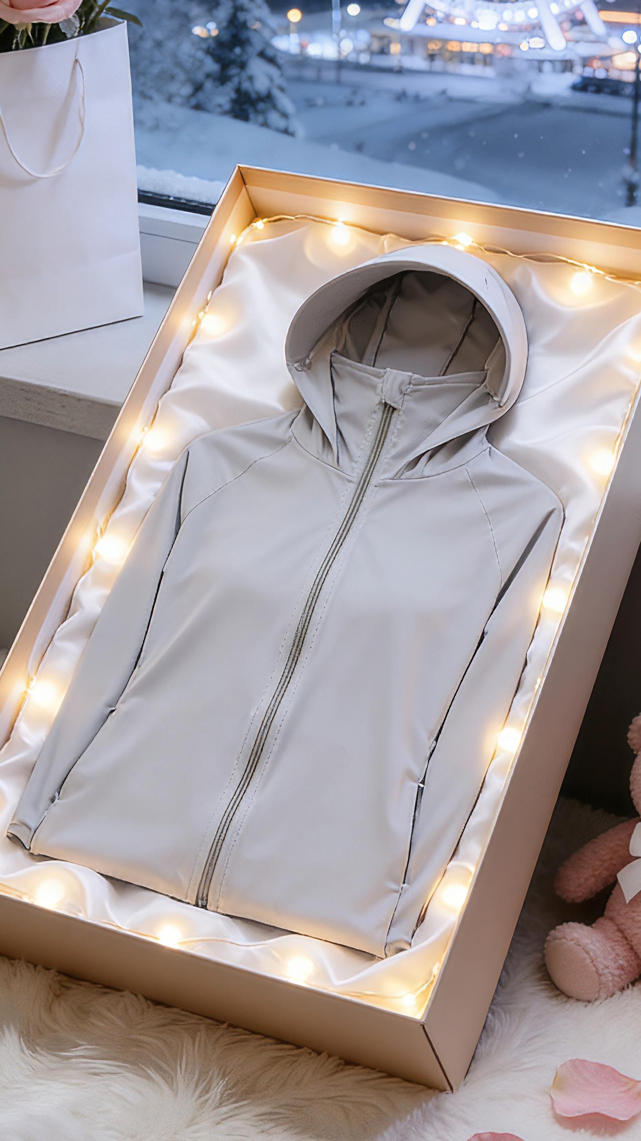 雪粒敲打着窗棂，把城市晕成一片温柔的白。窗外的摩天轮缀满冰晶，在夜色里转成一圈圈