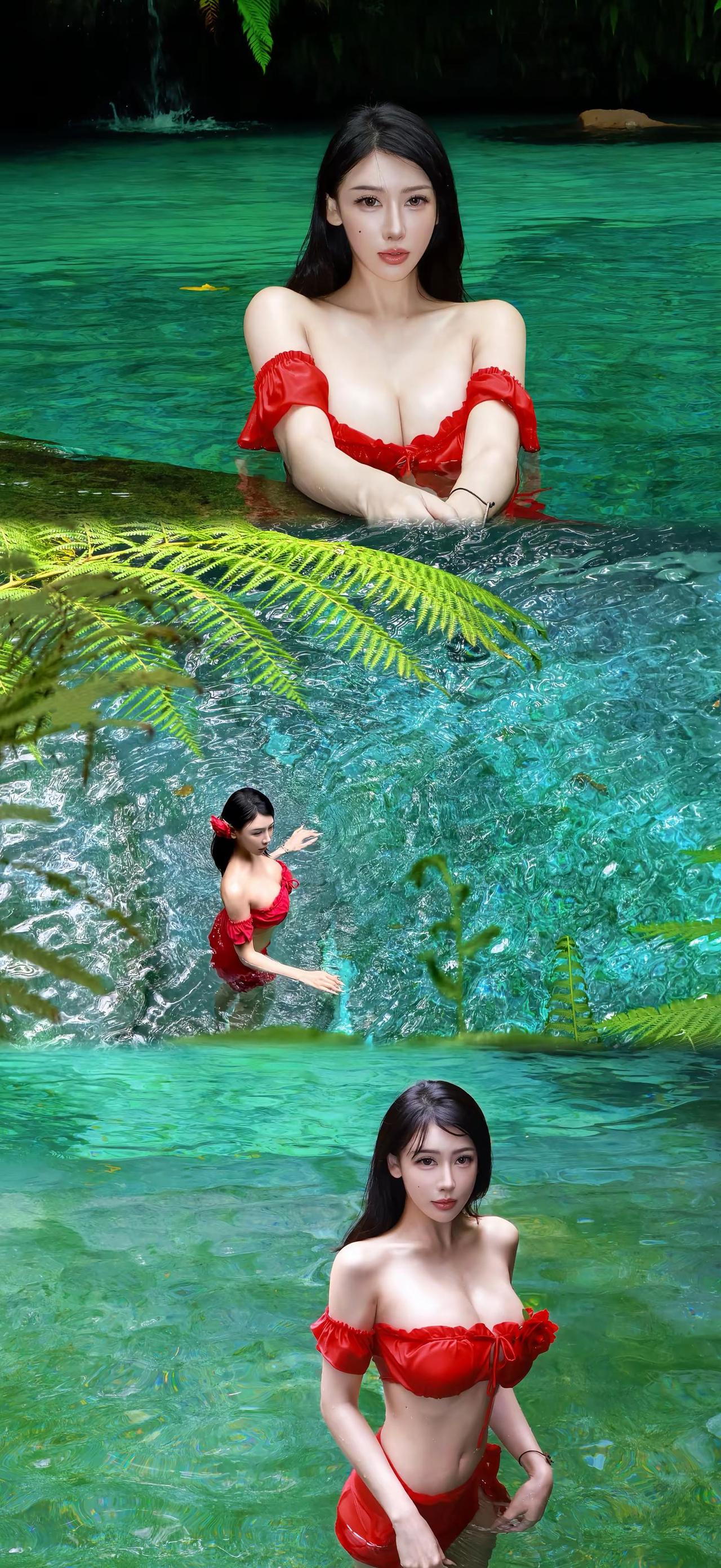 红色泳衣 包出片的夏日玩水look 海边拍照