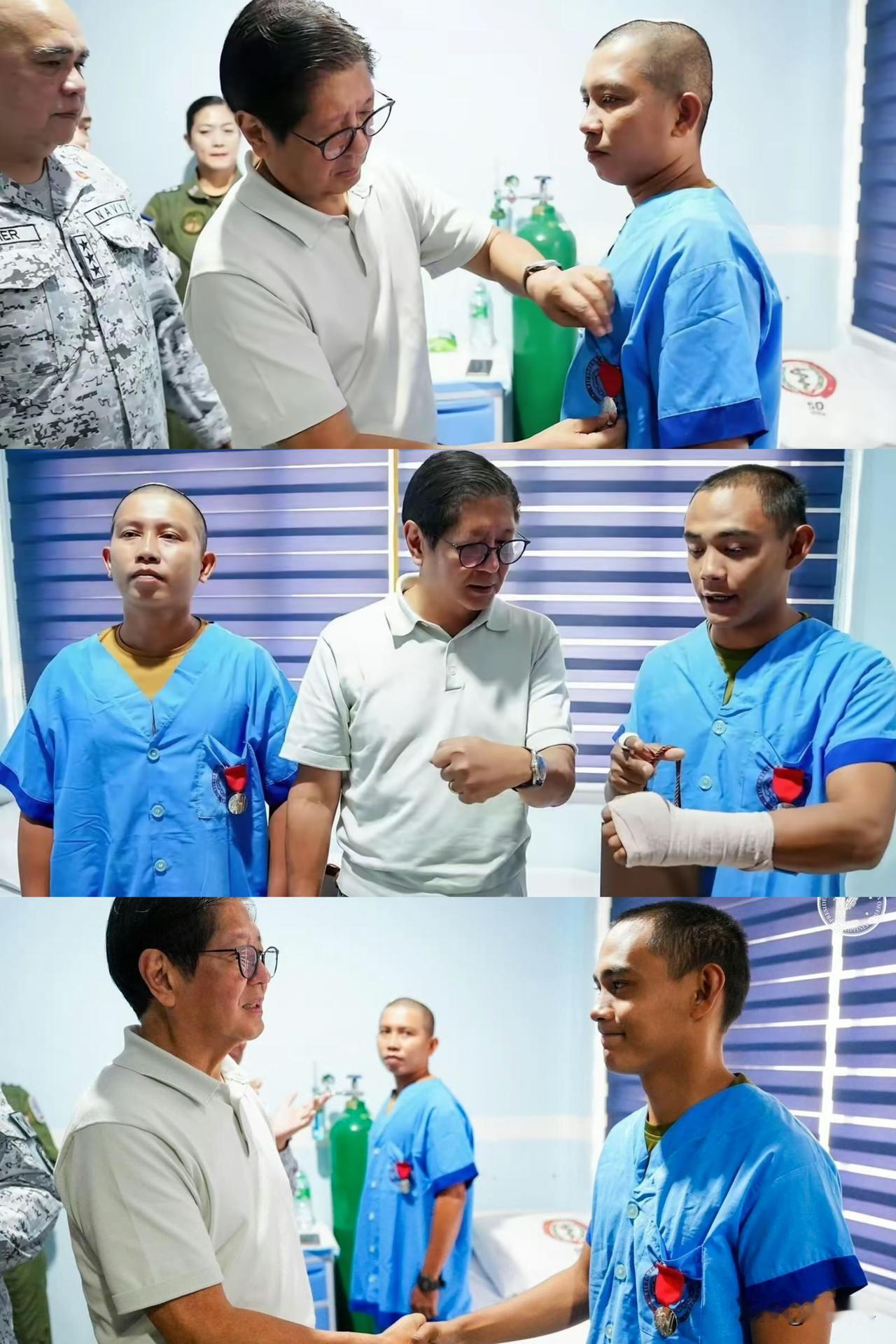 小马科斯快哭了！他亲往医院看望“被爆头”的海军人员，和他们合影，并向二人颁发“拉