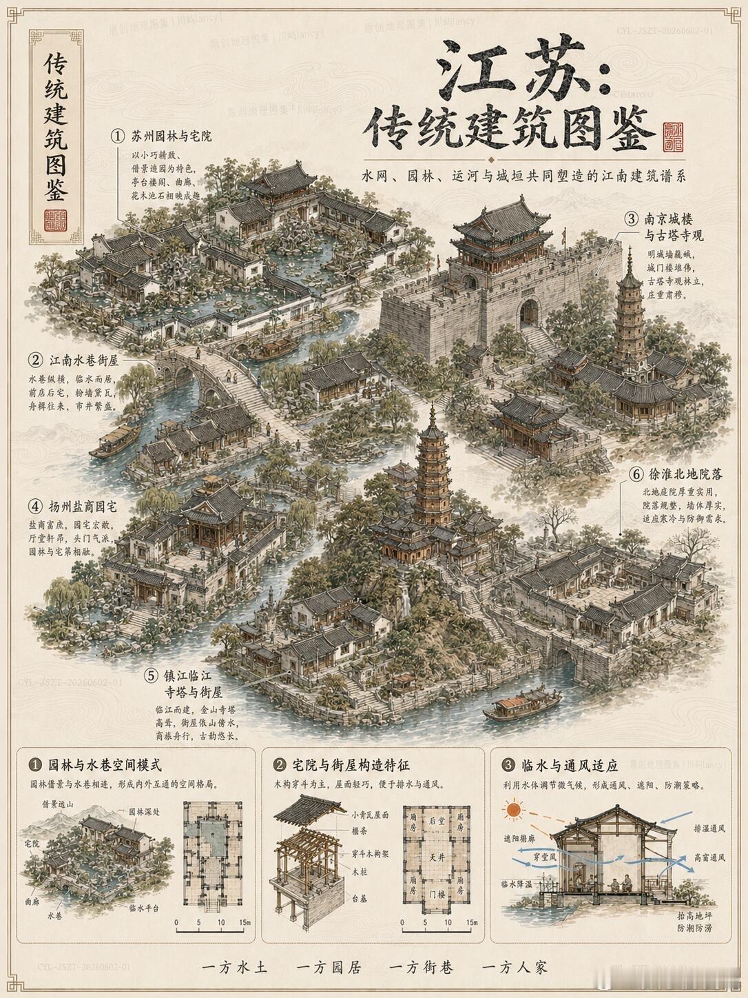 中国传统建筑图鉴，苏州的园林宅院，讲究借景、曲廊、水院；无锡、常州的宅院街屋，把