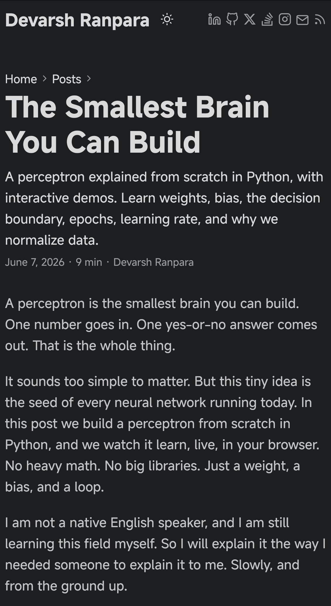 讲解感知机的文章：The Smallest Brain You Can Buil