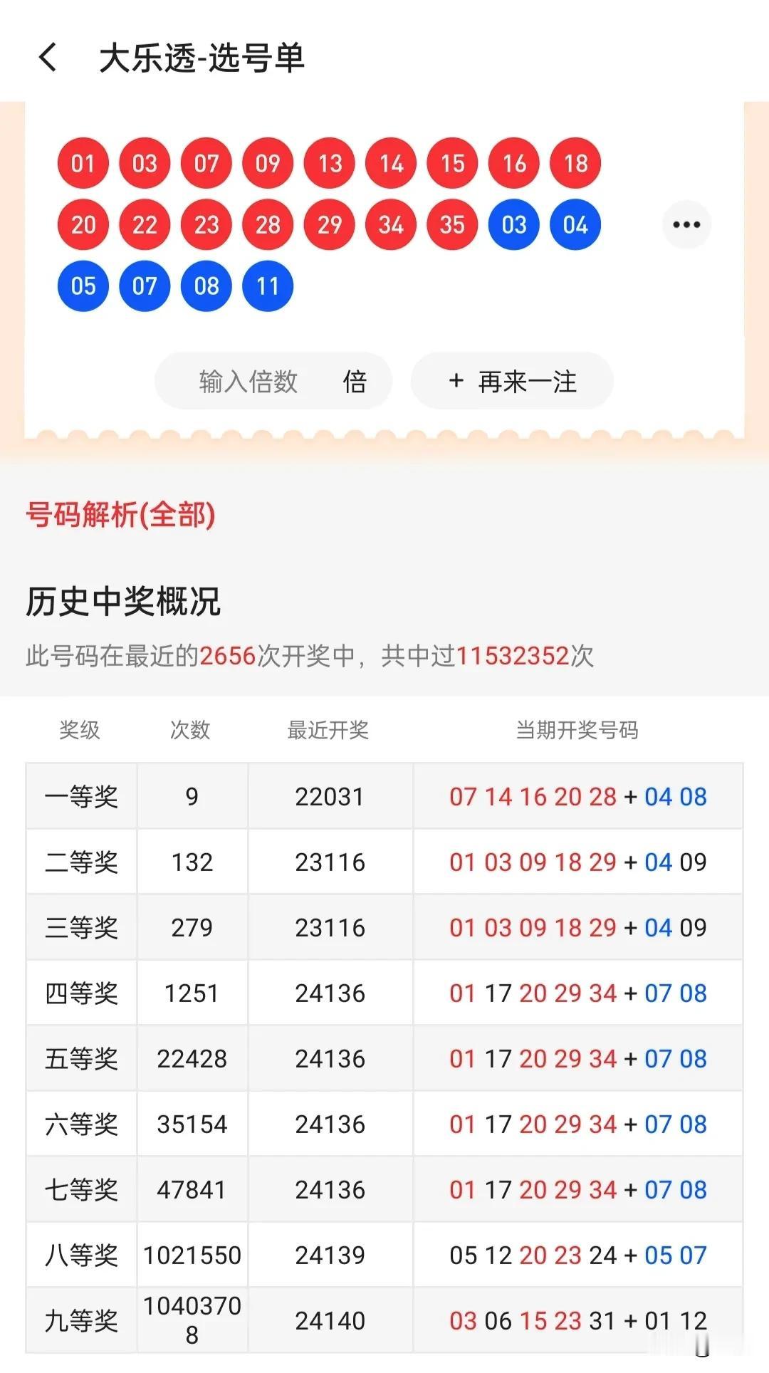 超级大乐透第24141期(12月4日)
红球：01,03,07,09,13,14
