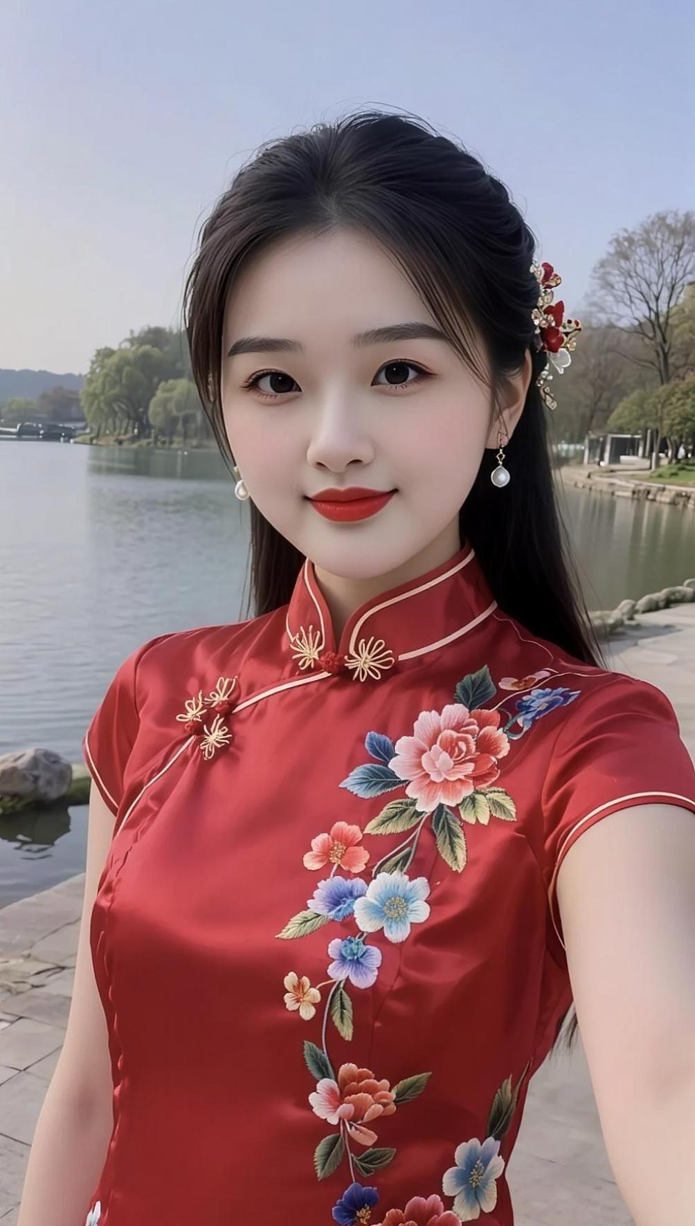 AI湖畔旗袍自拍  颜值在线 少女写真 懒人套装