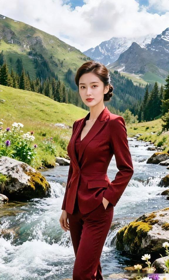 时尚穿搭红装立溪畔，青山白雪映芳华，飒爽且温柔。