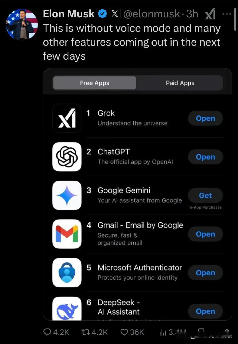马斯克发了美区appstore的免费应用排名，他的grok排第一，deepsee