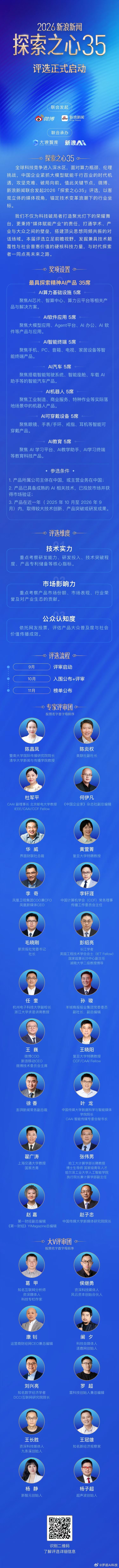 2026新浪新闻探索之心评选启动了，很荣幸被官方邀请成为大V评审[酷]欢迎朋友们