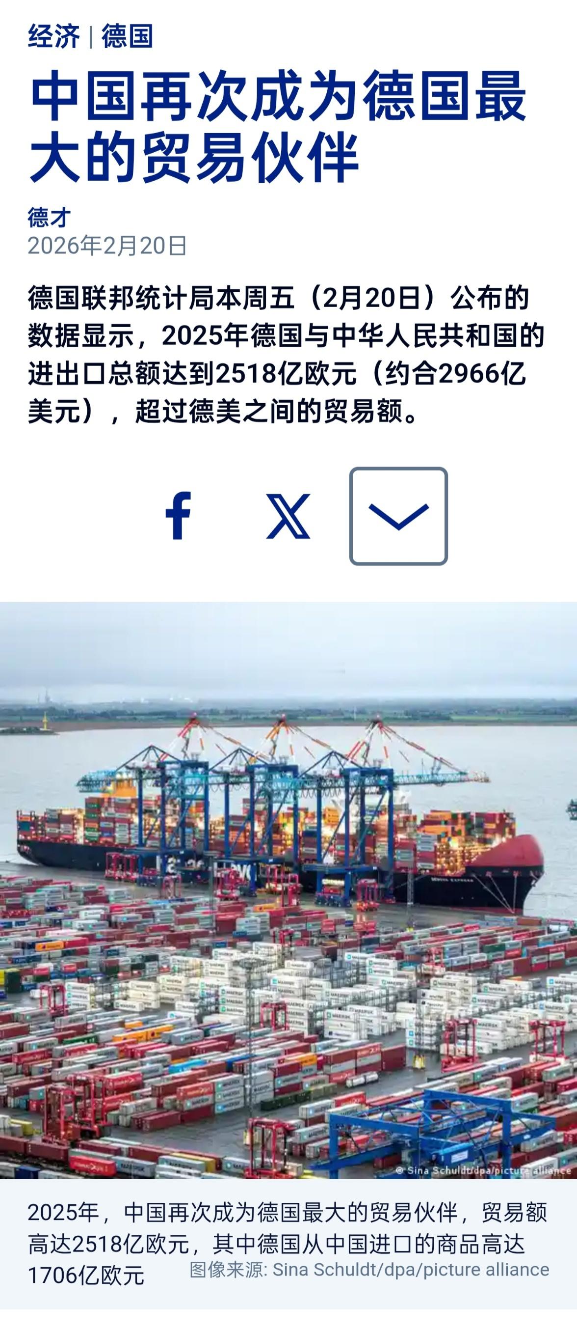 德国联邦统计局本周五（2月20日）公布的数据显示，2025年德国与中华人民共和国