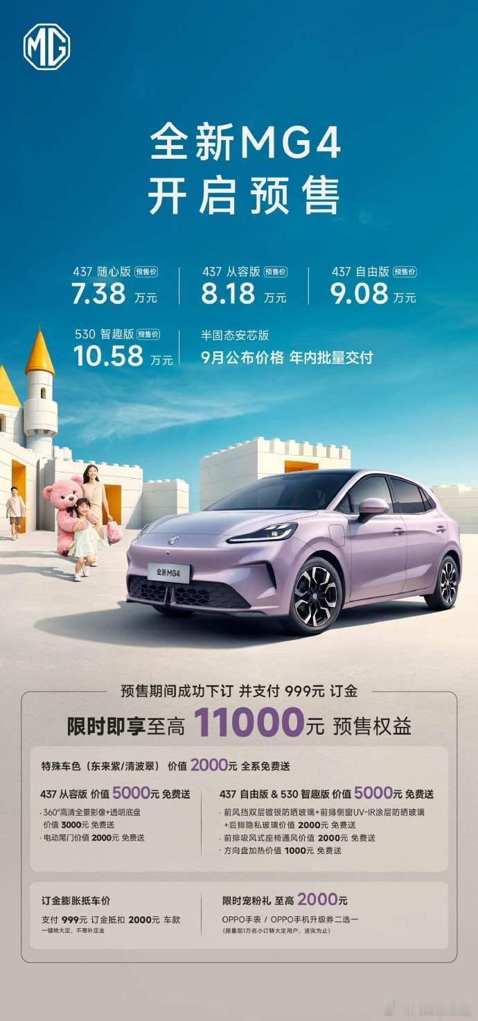 MG4疯了预售价7.38万437 随心版 7.38万元❗437 从容版 8.18