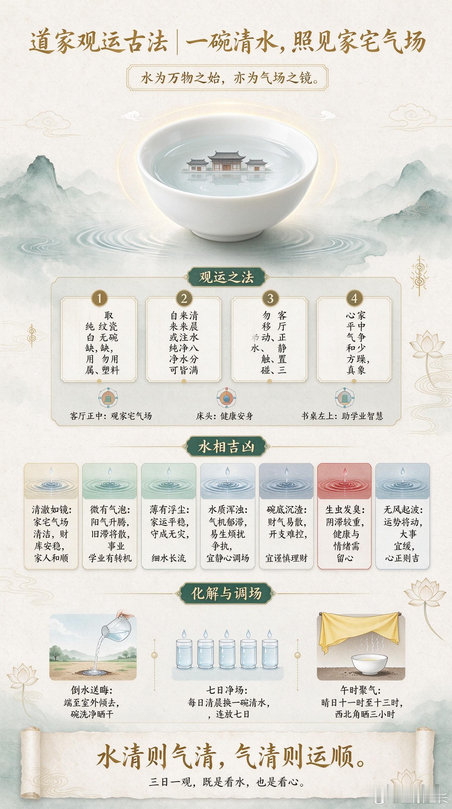 道家观运古法｜一碗清水，照见家宅气场水为万物之始，亦为气场之镜。家中置一碗清水，