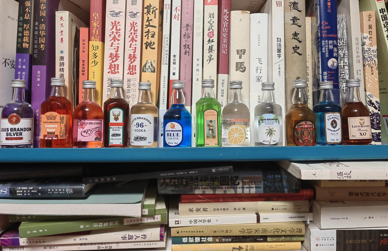 经太座提醒，发现这一溜伏特加样品。于是摆在书房一古旧书架上。这书架还是大兴时代的
