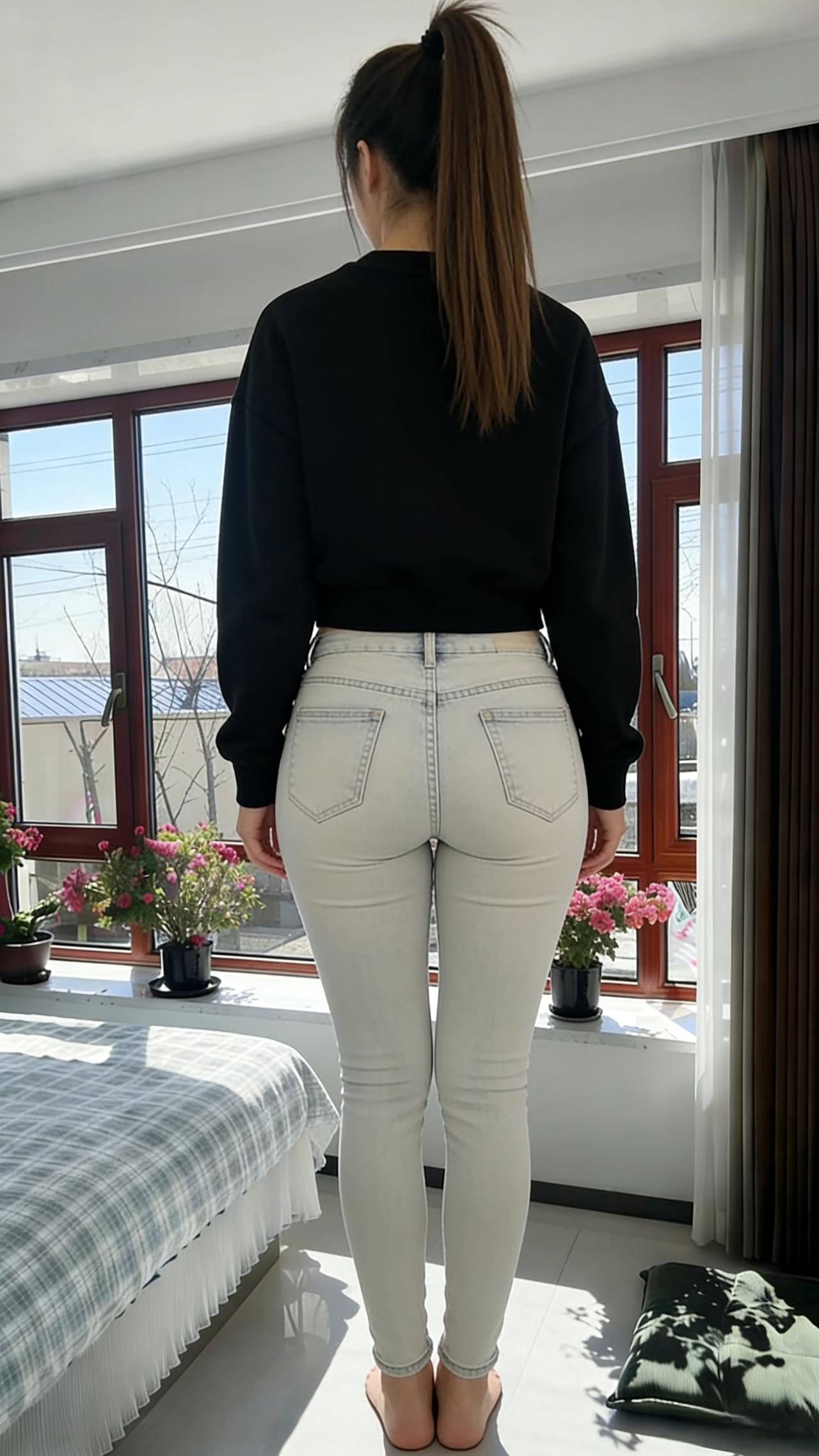 回身不露面含春，臀翘姿高映画新。
紧身裹尽芳华色，静默风彩胜万人。