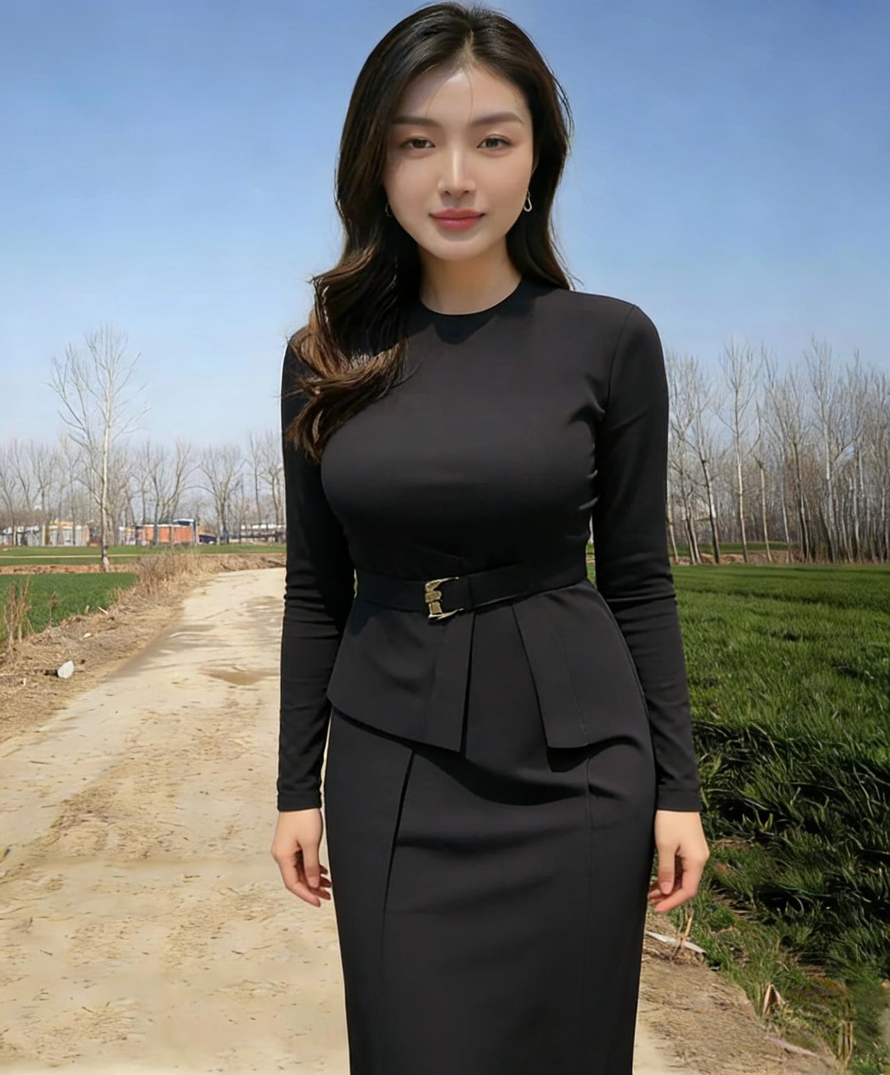 裙袂飘飘立野田，土路弯弯入远天。
一笑眸中藏野趣，不沾城郭半丝烟。