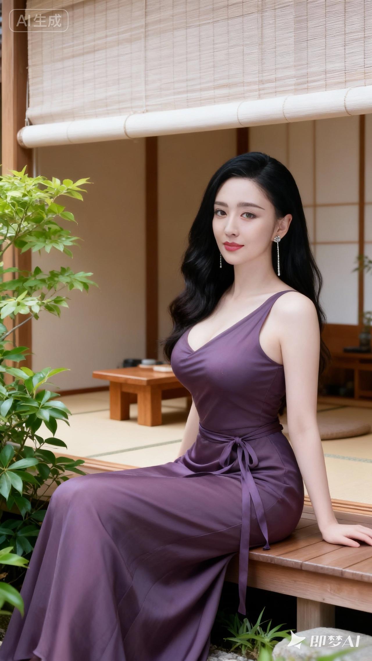 优雅紫裙，静谧庭院，尽显东方韵味