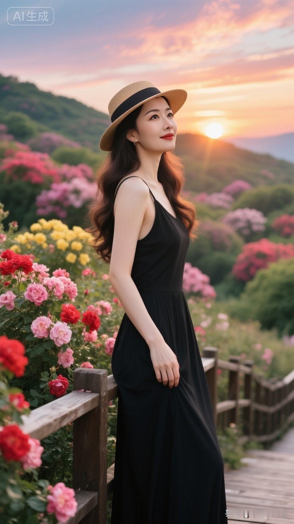 在落日余晖下，黑裙女子倚栏赏花，如诗如画。