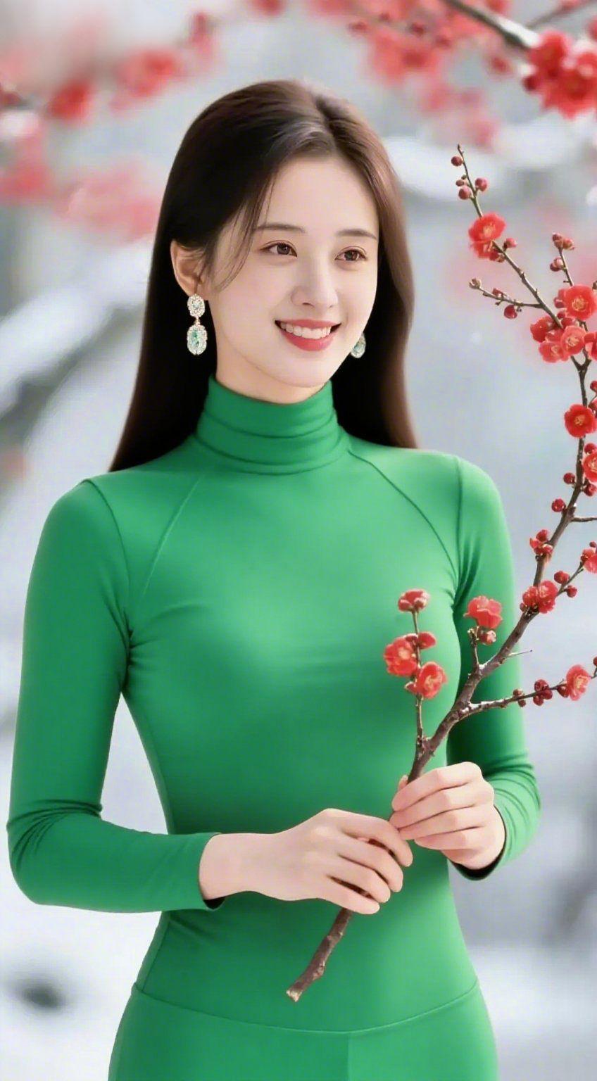 翠衣伴梅冬意柔
 
雪风裹着梅香漫开时，她身着翠色高领衣立在枝桠旁，恰似将春的生