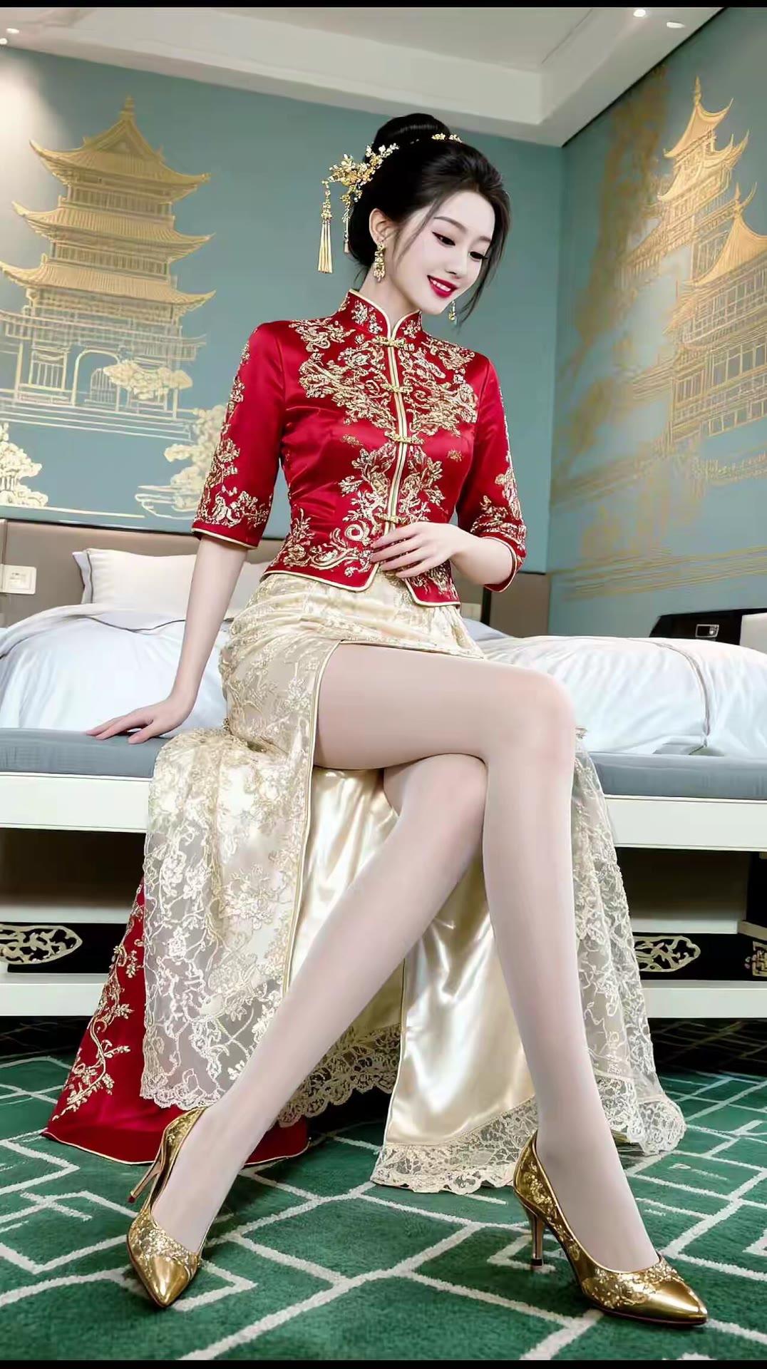 古典与现代的完美融合，红衣美人坐卧在东方风情的房间中，尽显优雅与魅力。