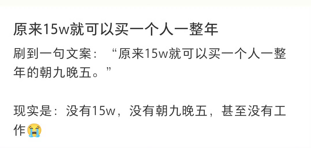 15万就能买一个人一年的朝九晚五没有15w 没有朝九晚五 没有工作