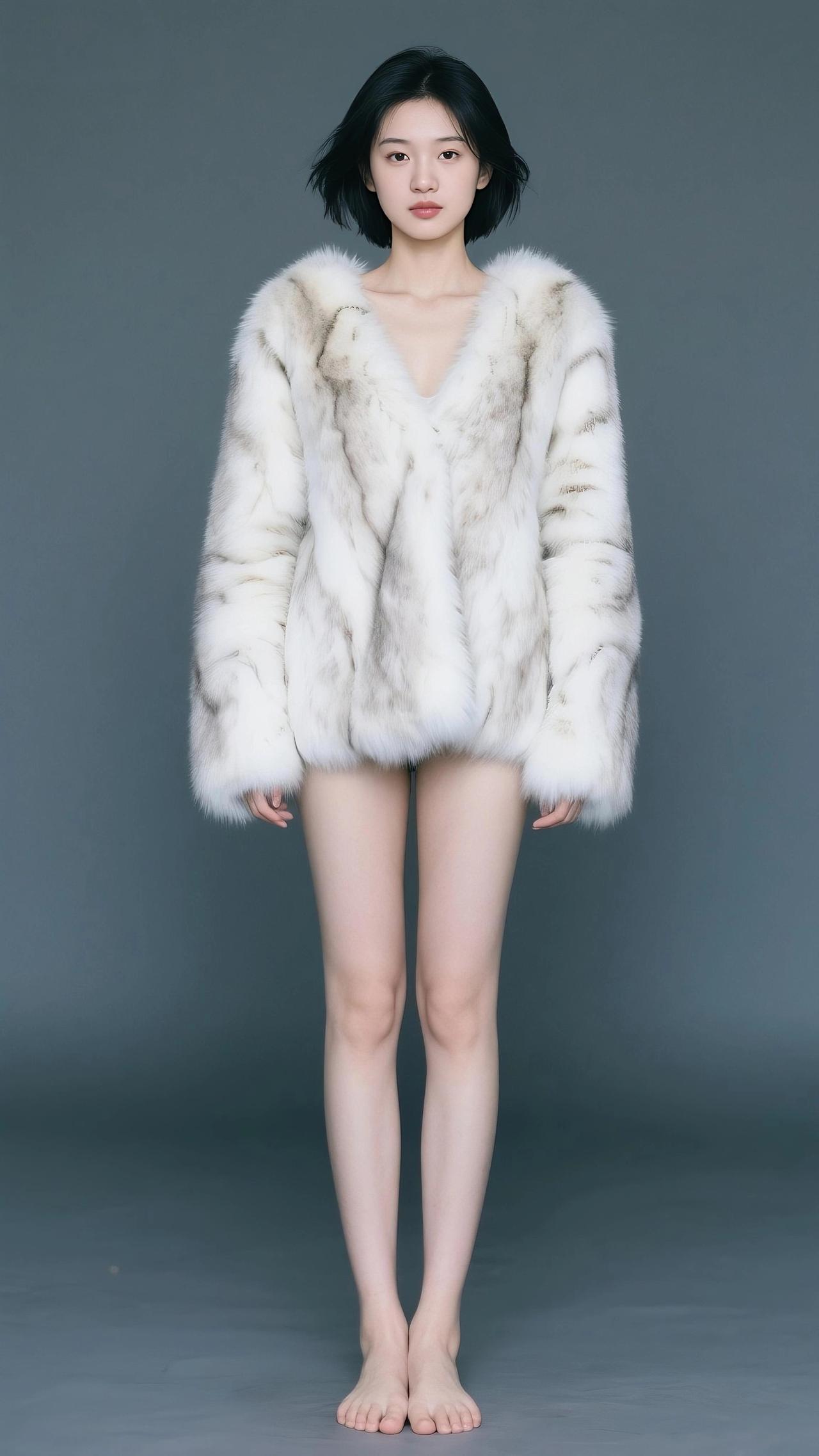 极简风穿搭，毛茸茸外套搭配裸腿，简约而不失时尚！