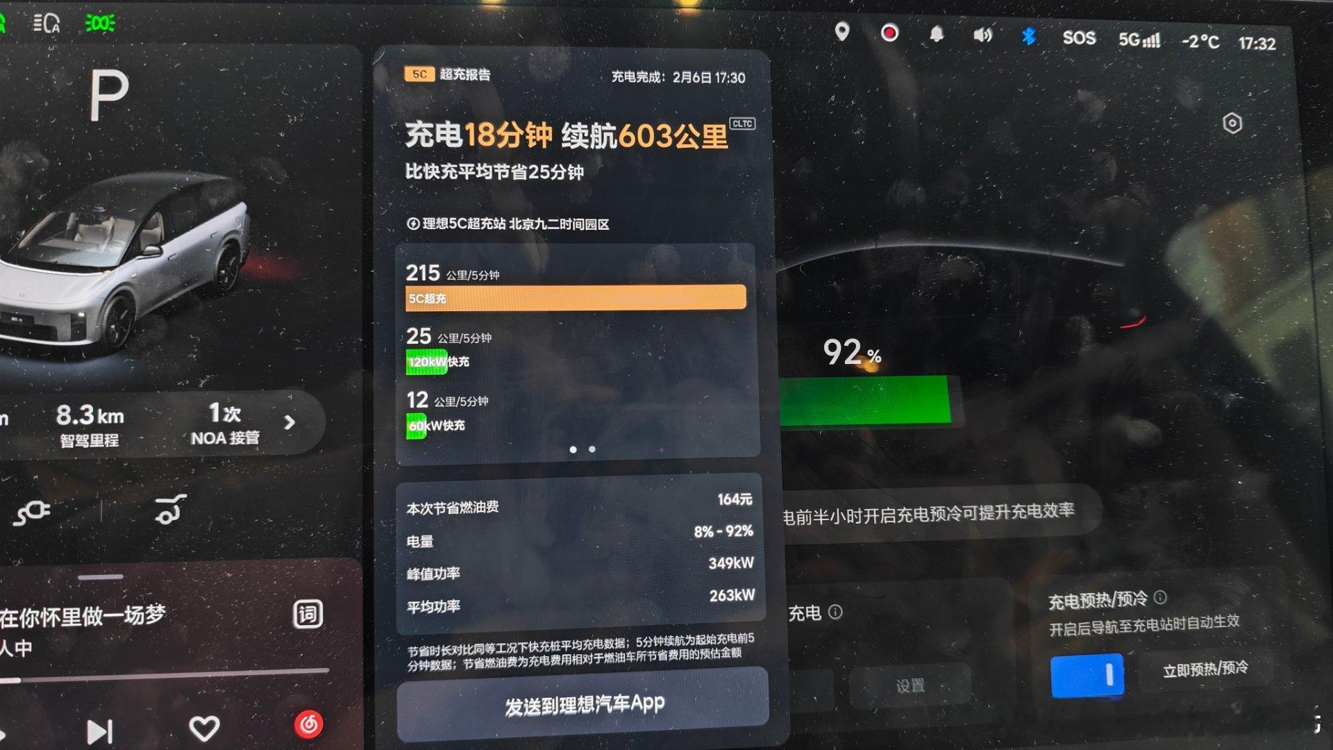 体验了一把500kw的理想5C，这个天气能充到340kw，从8%充到92%用了1