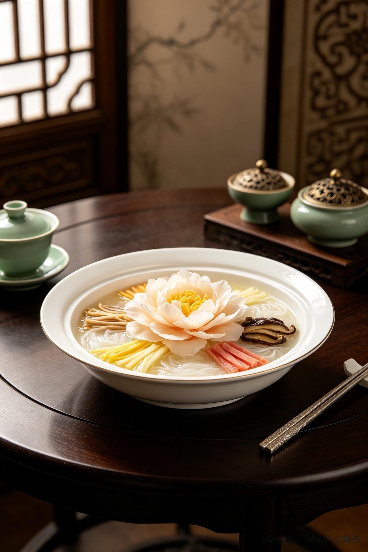 牡丹燕菜冠群芳，
萝卜雕花似牡丹。
汤鲜味美传千古，
     
…………请师友