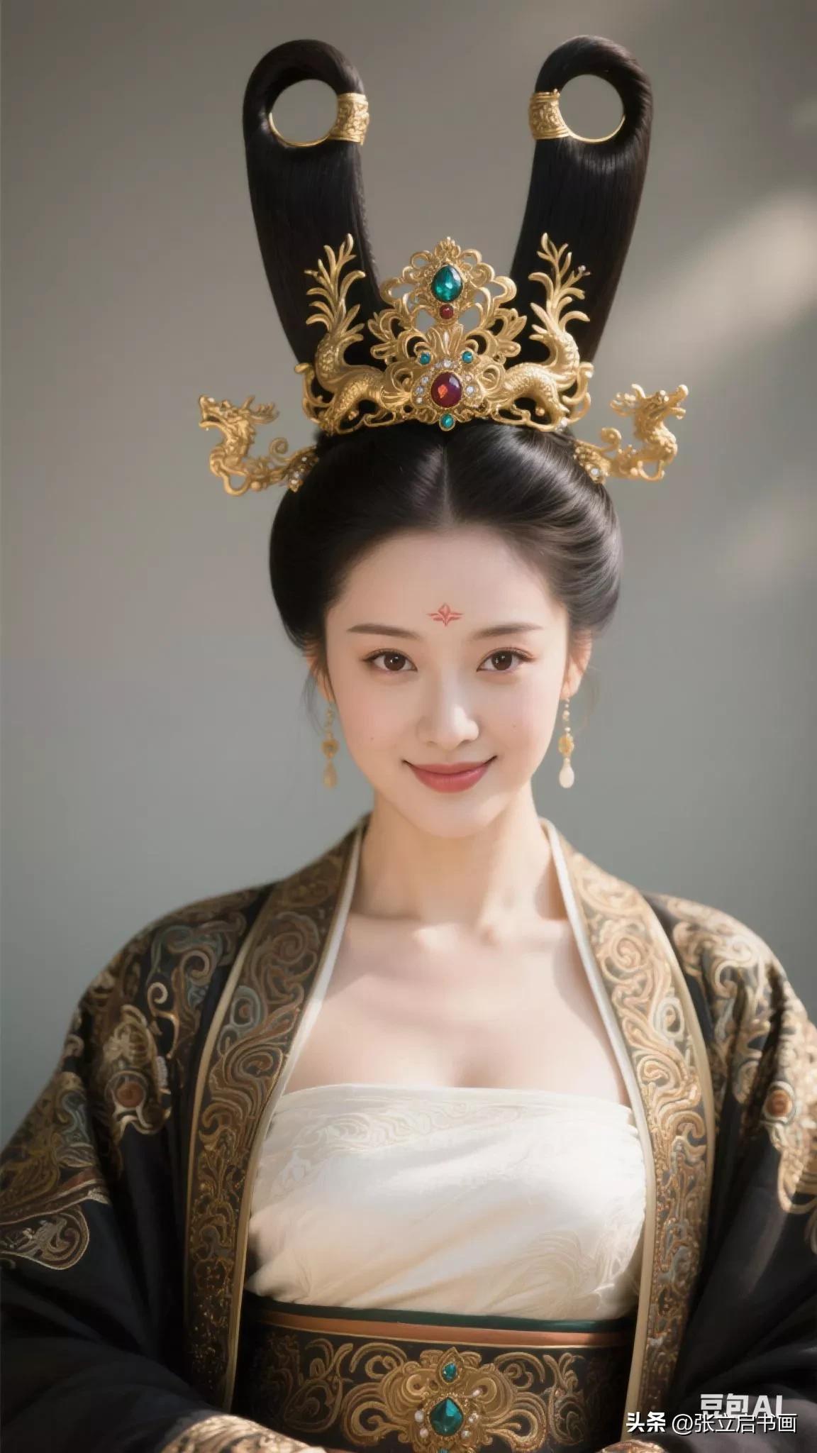 穿越时空的古典美人，惊艳的古代妆容与华美的头饰，尽显东方韵味。张立启原创书画AI