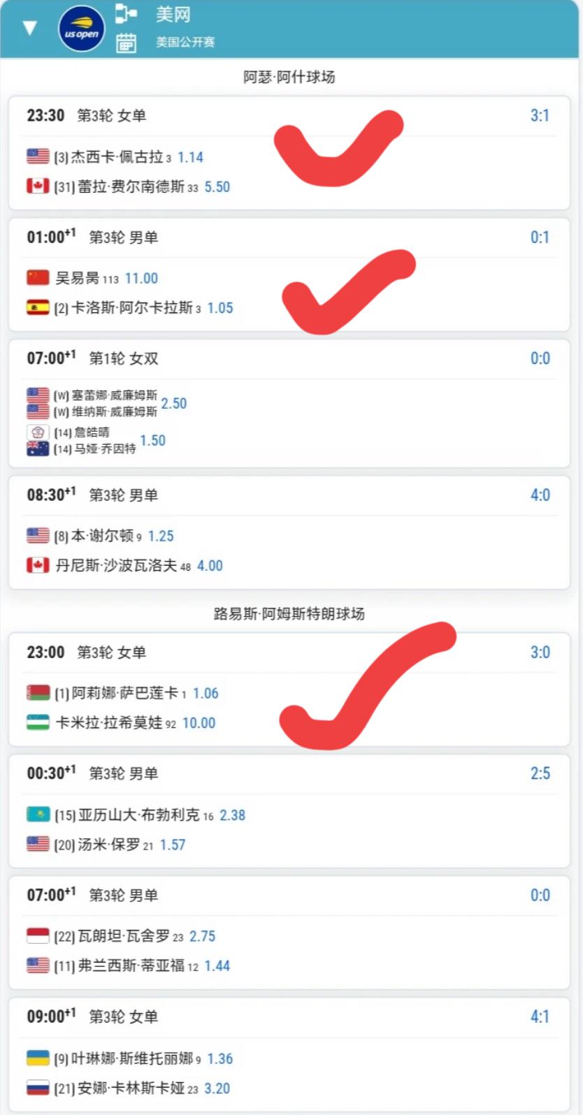 美网第6日赛程！！
必看的一场：吴易昺vs阿尔卡拉斯，很喜欢阿卡，但还是希望吴易
