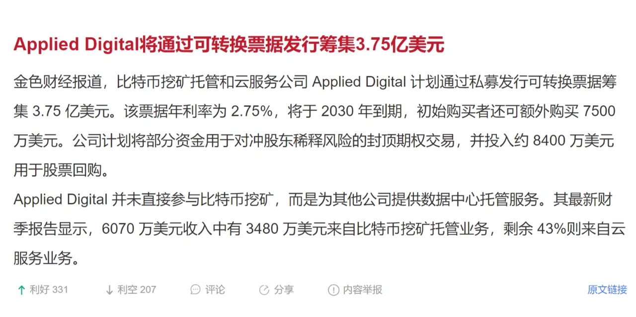 Applied Digital将通过可转换票据发行筹集3.75亿美元