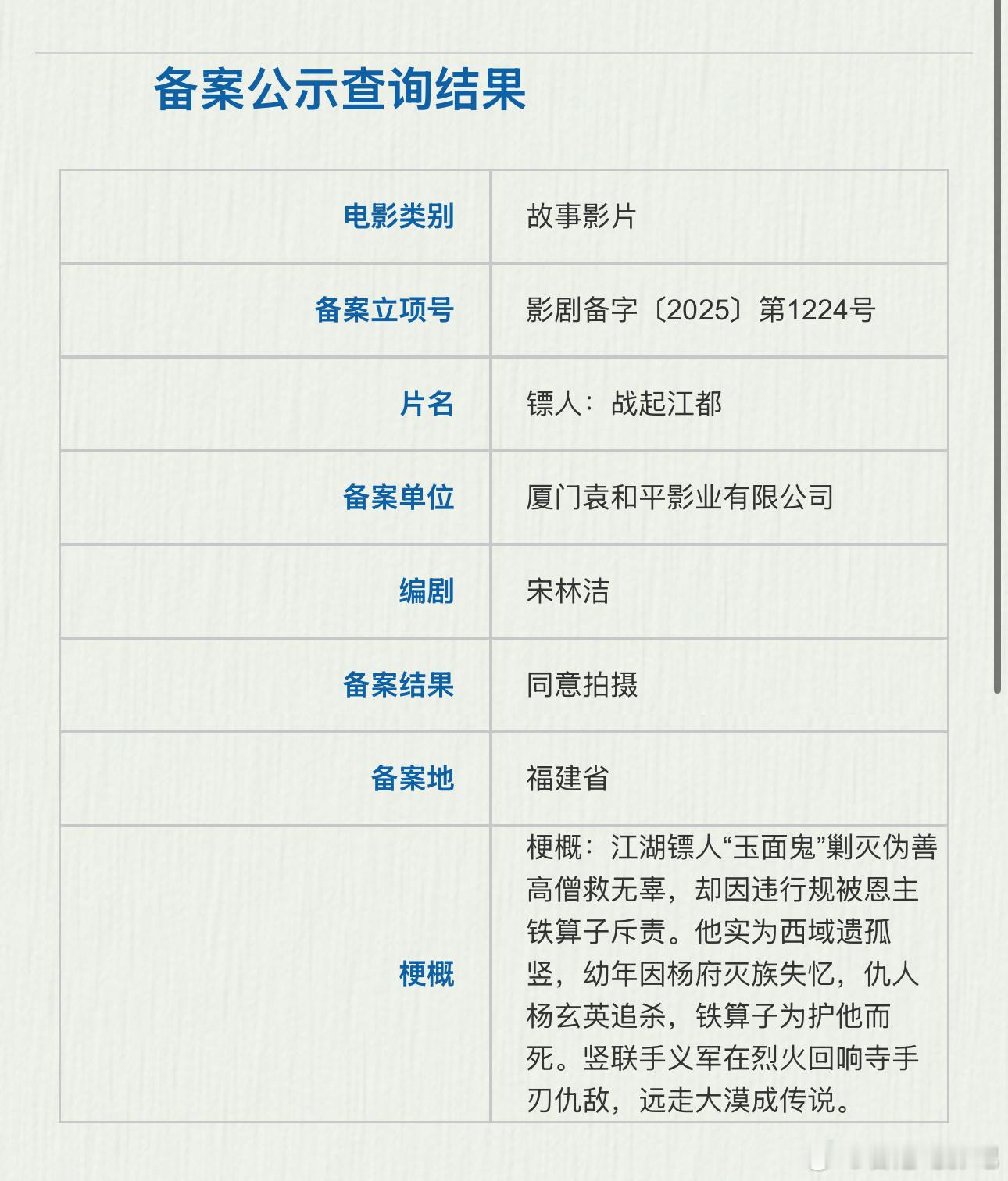 《镖人》备案公示，片名为《镖人：战起江都》梗概：江湖镖人“玉面鬼”剿灭伪善高僧救