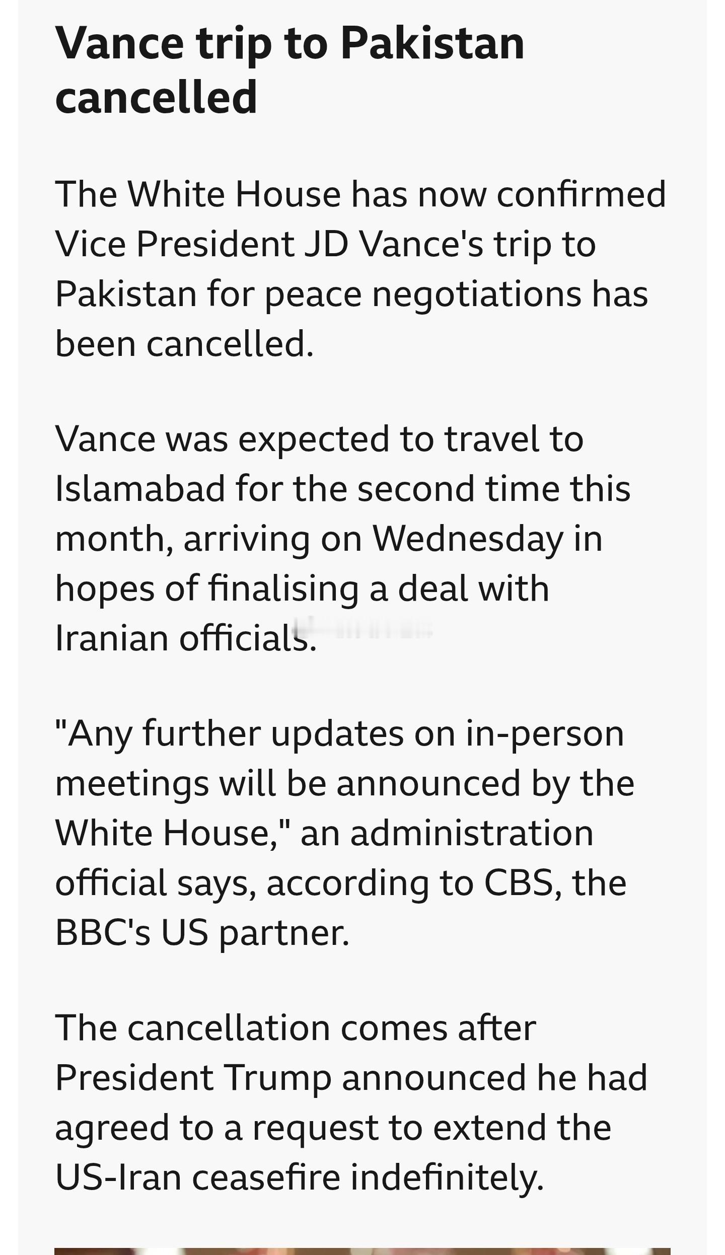 特朗普称美伊停火到期将继续轰炸白宫现已证实，副总统万斯原定前往巴基斯坦进行和平谈