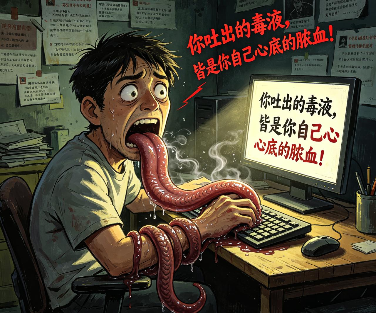 江湖怪谈•荒诞志173《键盘侠的舌头》

网络喷子赵大嘴，平日里最爱躲在屏幕后敲
