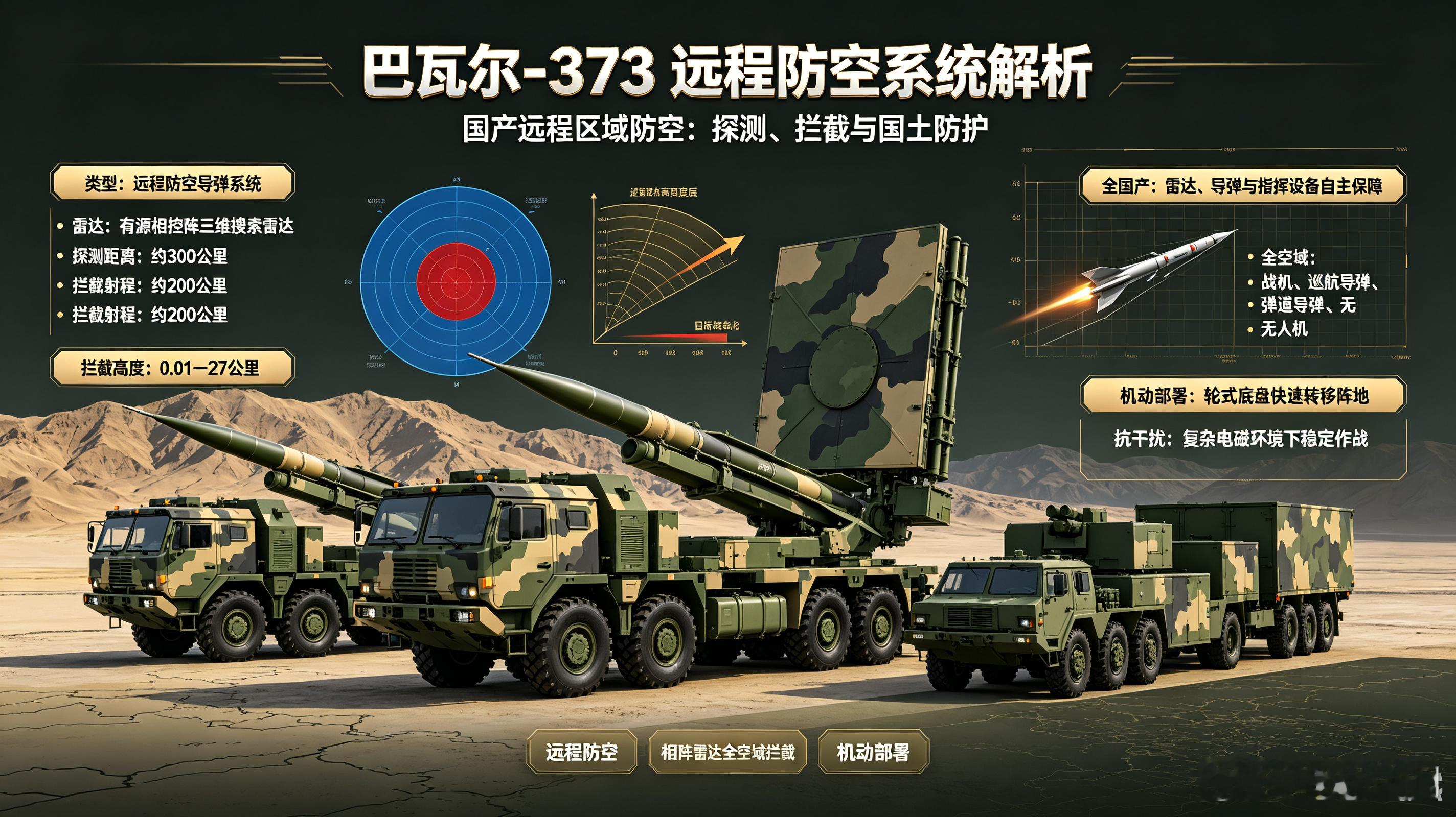 巴瓦尔-373是伊朗自研远程防空系统，作为本土防空主力，全套雷达、导弹、指挥设备